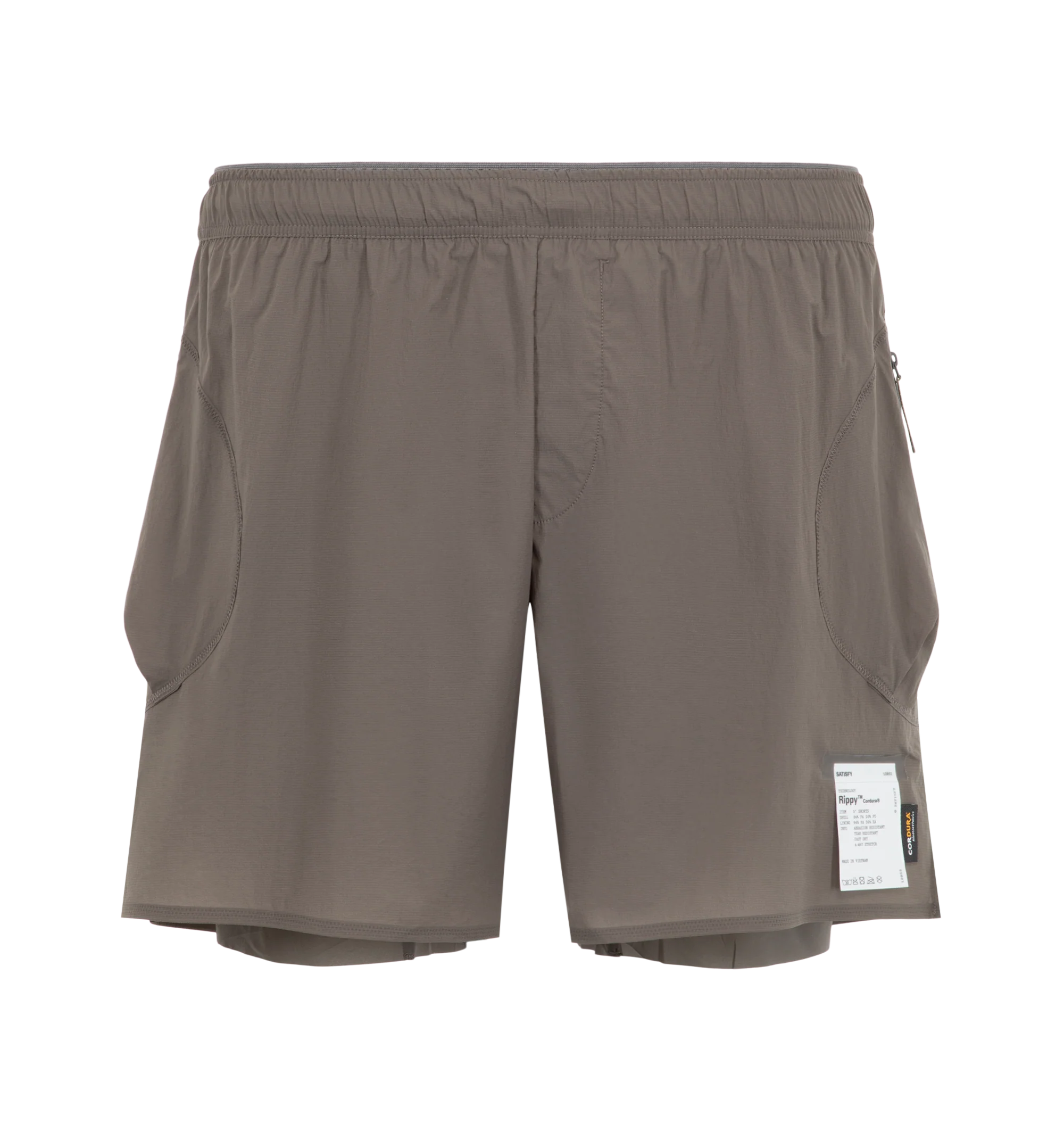 Image 1 of 3 - GREY - Satisfy Men's Rippy Cordura 5" Trail Shorts are crafted from durable Rippy Cordura fabric that features a 5-inch trail-running silhouette engineered for extended mileage and enhanced abrasion resistance. Designed with a TechSilk Drift liner for airflow, moisture management, and natural stretch. Functional details include two zippered side cargo pockets, a sweat-resistant hidden phone pocket, a double waistband with internal drawcords, a mini S-Carabiner, and stealth-reflective logo de