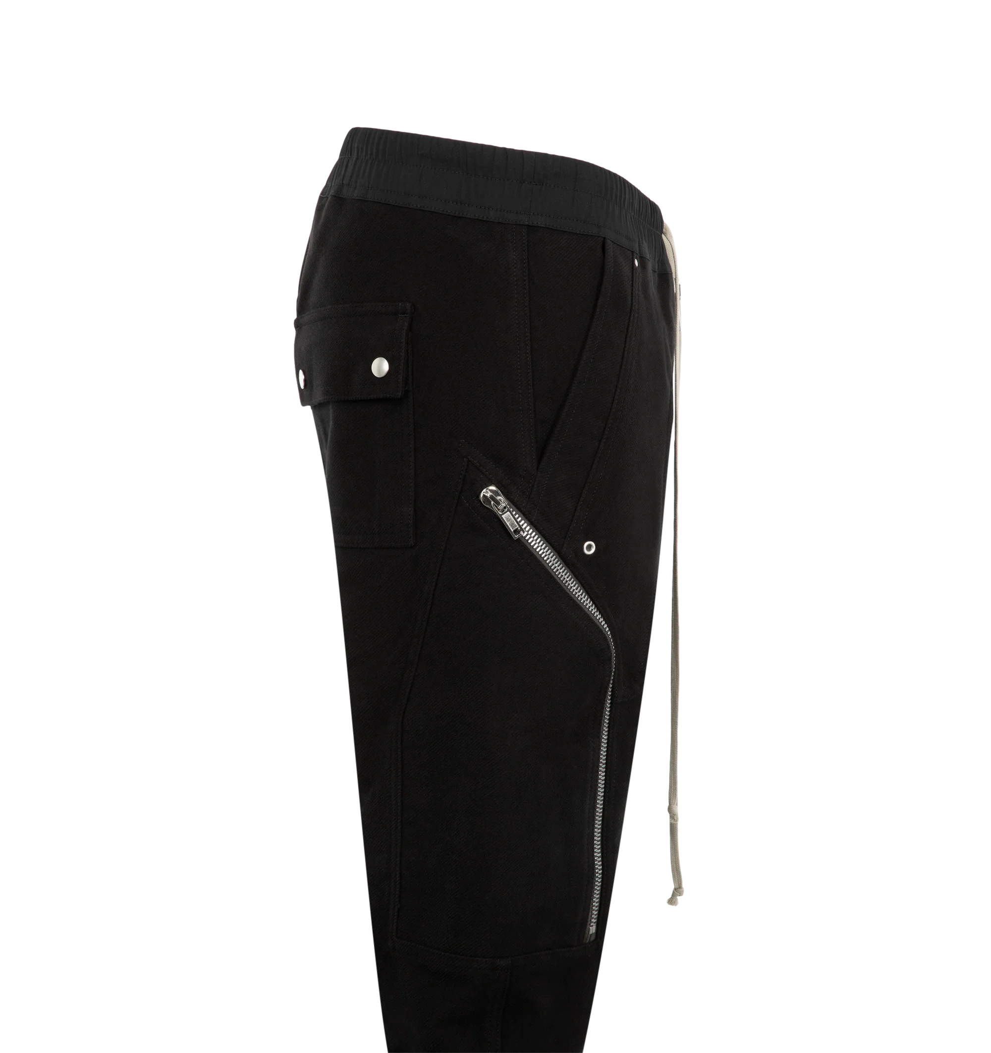 Image 3 of 3 - BLACK - Rick Owens Mens Heizer Cargo Pants are crafted from cotton poplin. Feature a slim fit, elasticized waistband with drawstring, exposed Bela front zip closure with snap detail, angled zip cargo pockets, front shin zip openings, elasticized cuffs, side welt pockets, back flap pockets with snap closures, and double topstitch detailing. Main Material: 97% Cotton, 3% Elastane. Made in Italy.