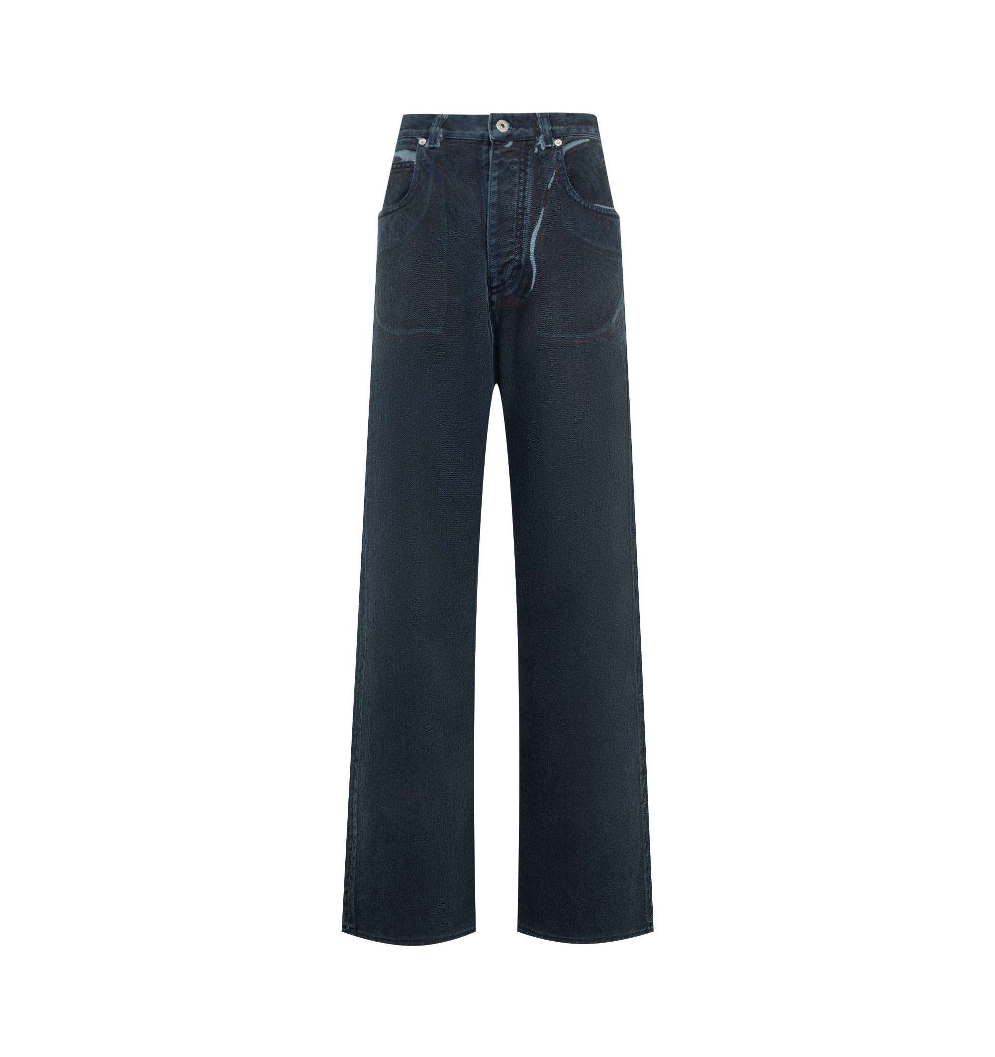 Image 1 of 3 - BLUE - Bottega Veneta Mens Wide-Leg Jeans are crafted from overdyed washed denim. Feature a high-rise waist, wide-leg silhouette, button closure, and embossed Intrecciato leather patch at the back waist. Main Material: Denim; Trim: Leather. Made in Italy.