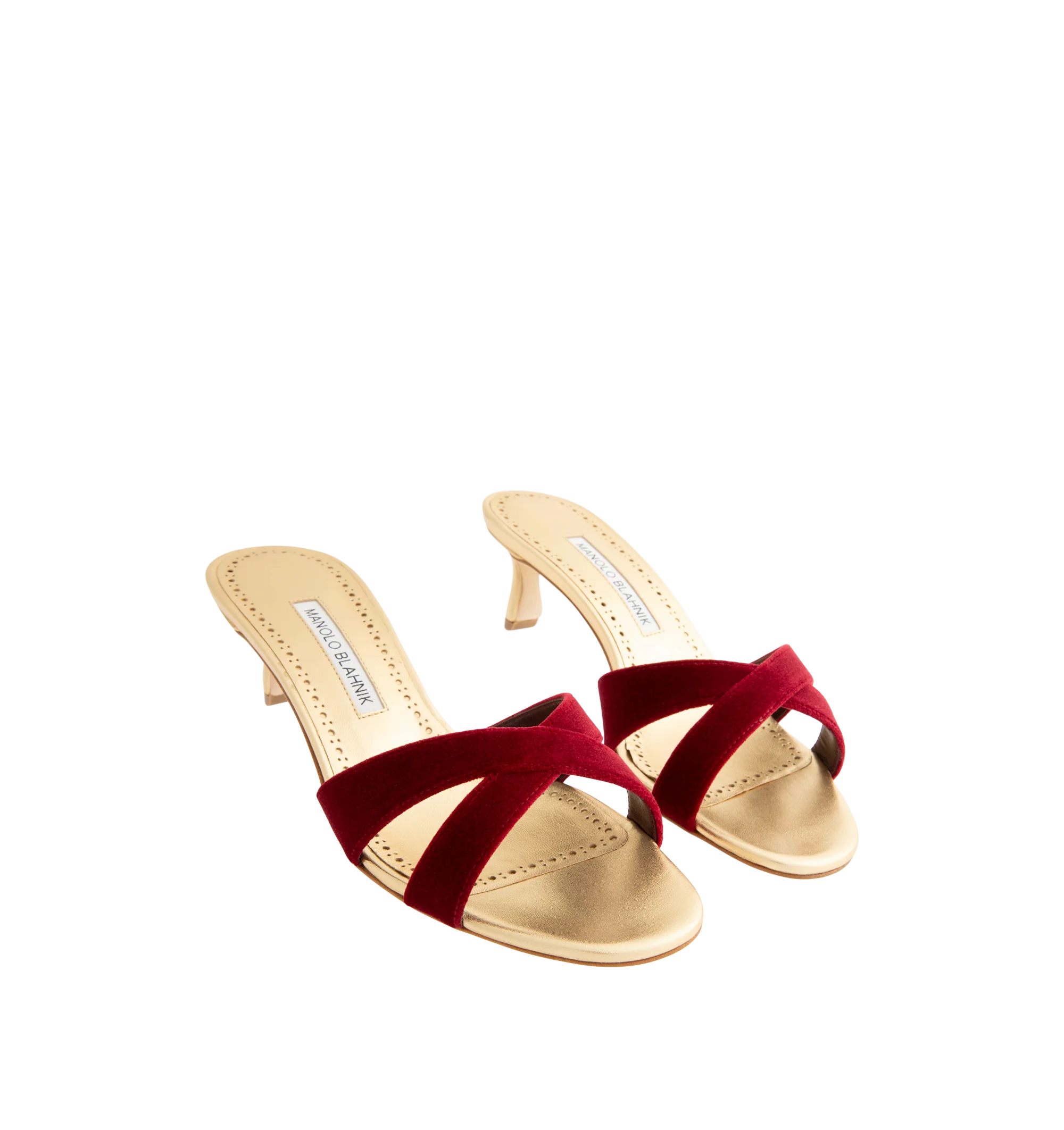 Image 2 of 4 - RED - Manolo Blahnik Women's Callydramu kitten heeled sandals are crafted from dark red velvet and gold nappa leather and feature an open-toe silhouette with crossover front straps and a sculptural 50mm angular heel. These designer heeled sandals combine luxurious Italian craftsmanship with elegant color contrast, making them a sophisticated choice for special occasions and evening wear. Main Material: 95% Velvet, 5% Lamb Nappa Leather. Lining: 100% Kid Leather. Sole: 100% Calf Leather. Heel