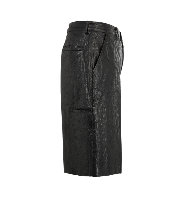 Image 3 of 3 - BLACK - Rick Owens Mens Leather Work Shorts are crafted from a textured leather material. Feature a knee-length silhouette, button closure with belt loops, diagonal side pockets, back pockets, and pressed front and back creases. Main Material: 100% Leather. Made in Moldova.
