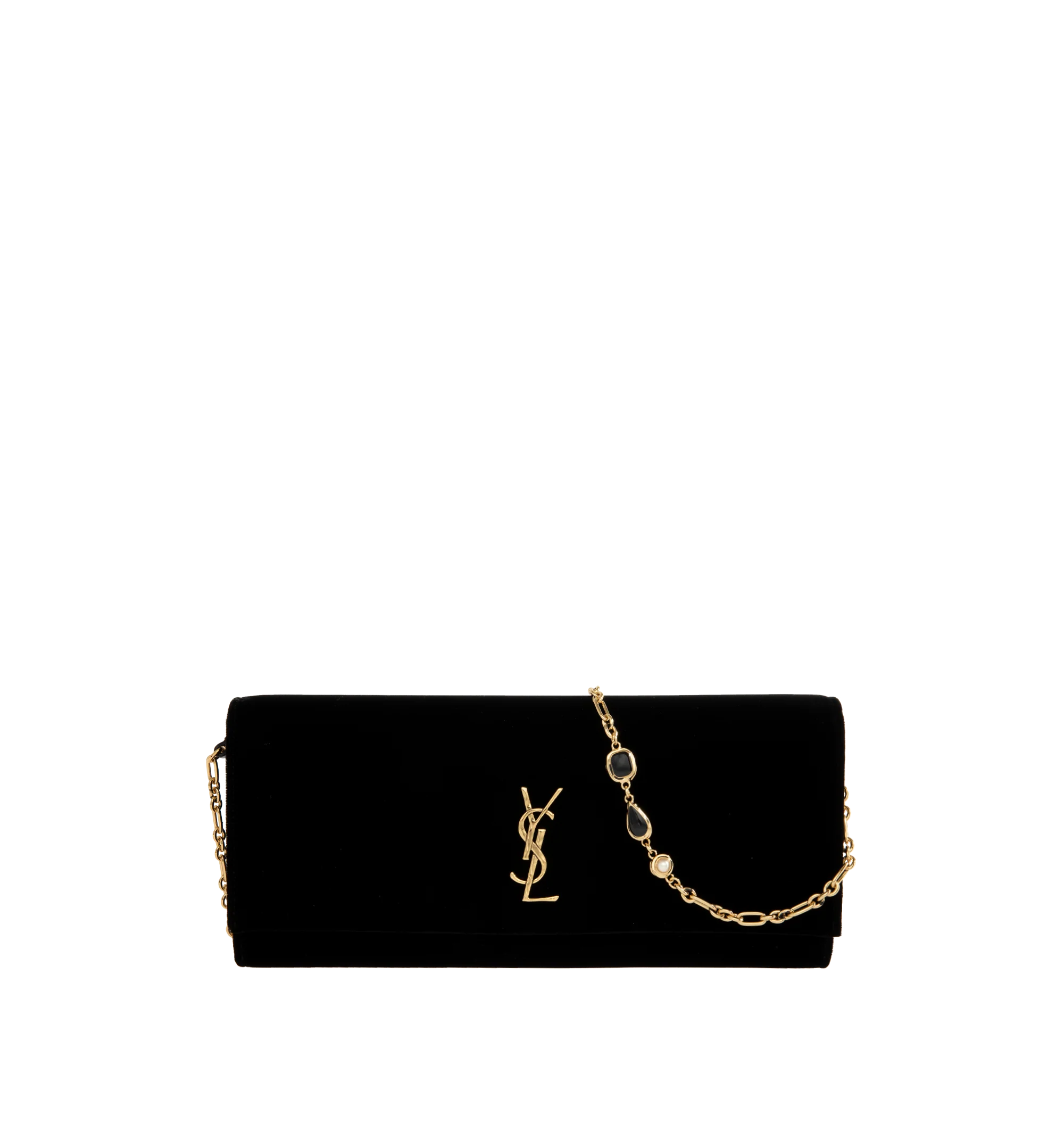 Image 1 of 3 - BLACK - Saint Laurent Women's Kate Clutch is crafted from velvet and features a sleek evening silhouette adorned with the iconic Cassandre logo. Designed with a removable jewelry chain strap with bezel-set cabochon links, a magnetic snap closure, one flat pocket, and one card slot, allowing it to be worn on the shoulder or carried as a clutch. Main Material: 63% Viscose, 27% Cupro, 10% Brass. Lining: Leather. Dimensions: 28 cm W 12 cm H 4 cm D. Strap Drop: 36 cm. Fits: Phone, cardholder, ke