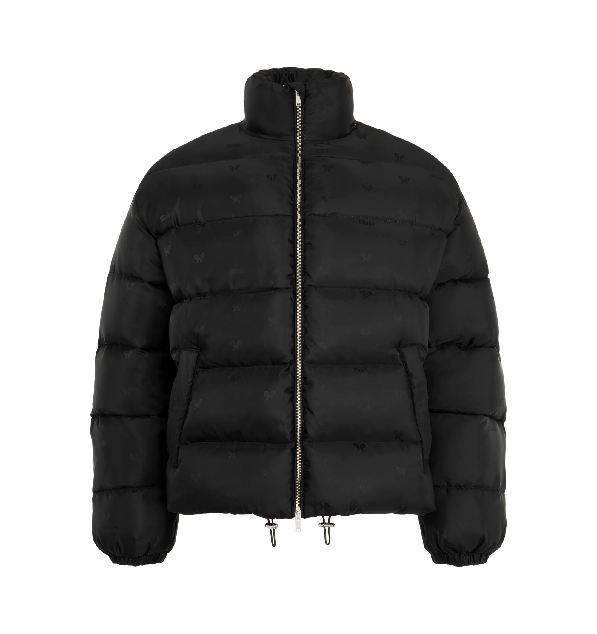 Image 1 of 3 - BLACK - Rhude Men's Paisley Jacquard Down Puffer Jacket is crafted from polyester satin with an allover paisley-inspired jacquard logo pattern and features a down-filled silhouette designed for warmth and volume. Designed with a stand collar, two-way zip closure, welt pockets, elasticized cuffs, interior zip pockets, and a bungee-style drawstring hem for adjustable comfort. Main Material: 100% Polyamide. Fill: 100% Goose Down. Lining: 100% Polyamide.
