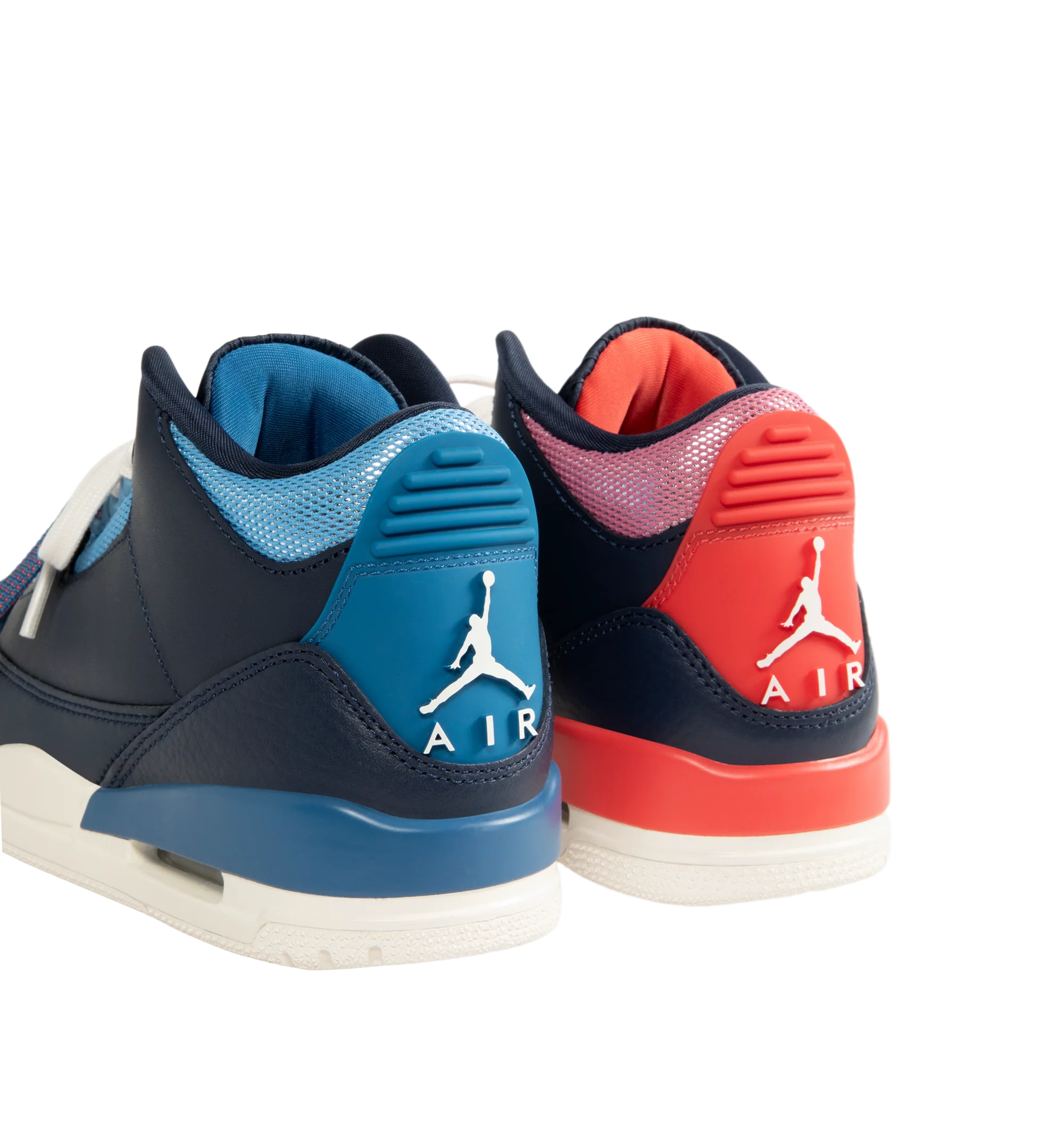 Image 3 of 5 - NAVY - Jordan Women's Air Jordan 3 Retro "Sport Renaissance" Sneakers feature an Obsidian, Track Red, and Chalk upper crafted from leather and synthetic leather. The classic silhouette is finished with a foam midsole, visible Max Air cushioning, and a rubber outsole. Upper: Leather and Synthetic Leather. Midsole: Foam. Sole: Rubber.