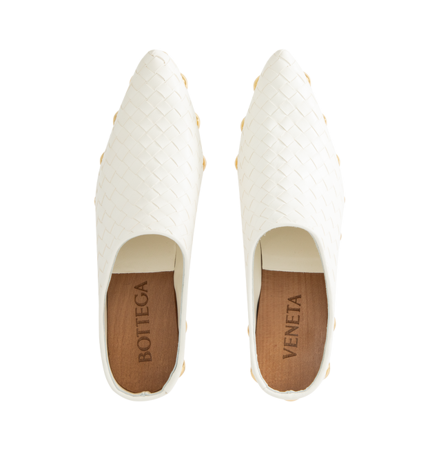Image 4 of 4 - WHITE - BOTTEGA VENETA Gondola Clog featuring mule clog in shiny Intrecciato calf leather with metal stud detailing and a beech wood platform. Lambskin. Lining: calfskin. Made in Italy.