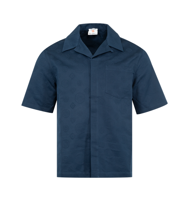Image 1 of 2 - BLUE - CASABLANCA Monogram Shirt featuring short-sleeves, monogrammed cotton jacquard fabric, cuban collar, button closure, interlocking CC logo corozo buttons, and an inverted pleat at the back. 100% cotton. Made in Italy.