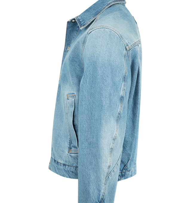 Image 3 of 3 - BLUE - JACQUEMUS Mirada de-Nmes Denim Jacket featuring short denim jacket, straight fit, faded indigo denim, pointed collar, engraved metal buttons, buttoned cuff, two welt pockets, silver metal hardware and contrasting stitching. 100% cotton. Lining : 65% polyester, 35% cotton. Made in Italy.