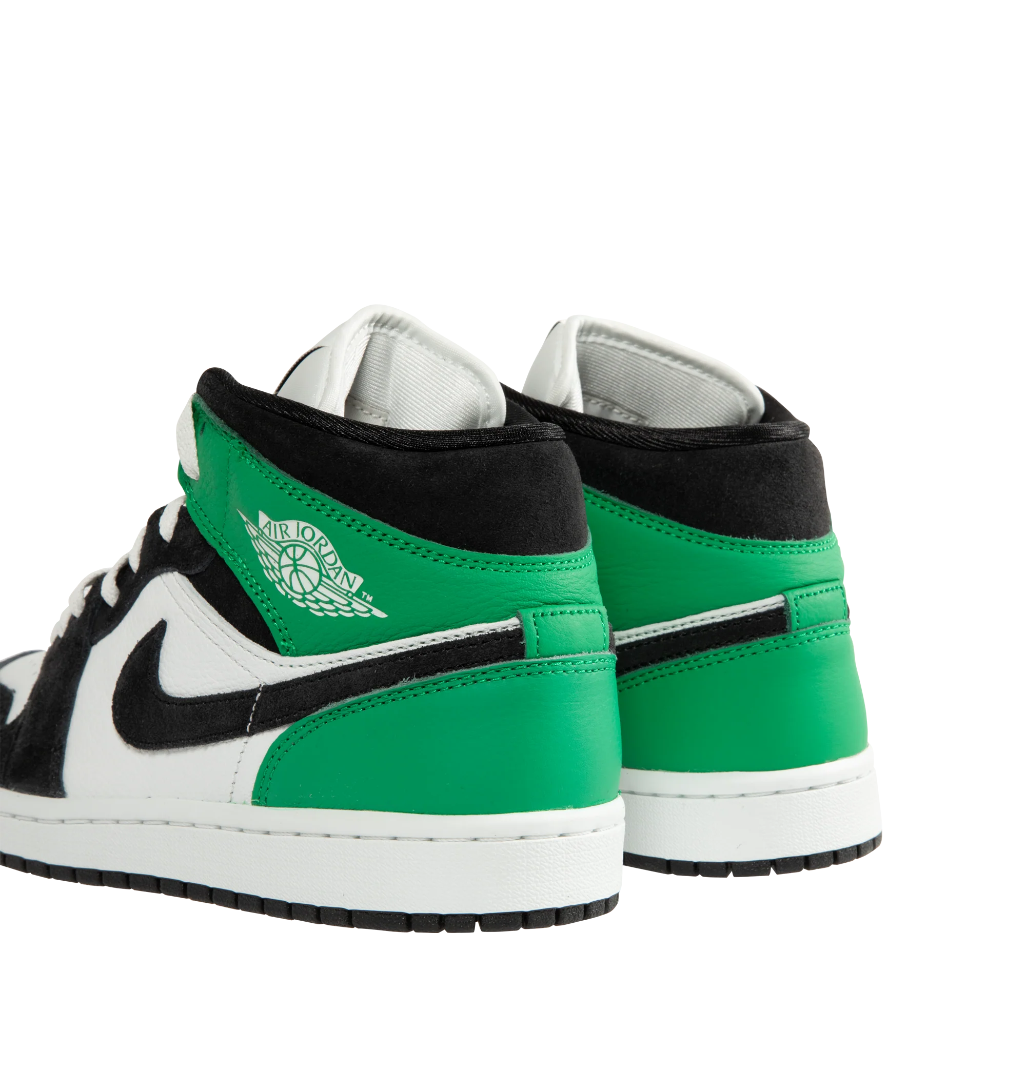 Image 3 of 5 - GREEN - Men's Air Jordan 1 Mid SE Sneakers feature a genuine leather upper with the iconic mid-top silhouette, signature Wings branding, and a stitched Swoosh for a timeless heritage look. These lifestyle sneakers combine encapsulated Air-Sole cushioning, a padded collar, and a durable rubber outsole for lightweight comfort, lasting support, and reliable traction. Main Material: Genuine Leather. Midsole: Encapsulated Air-Sole Unit. Sole: Rubber. 