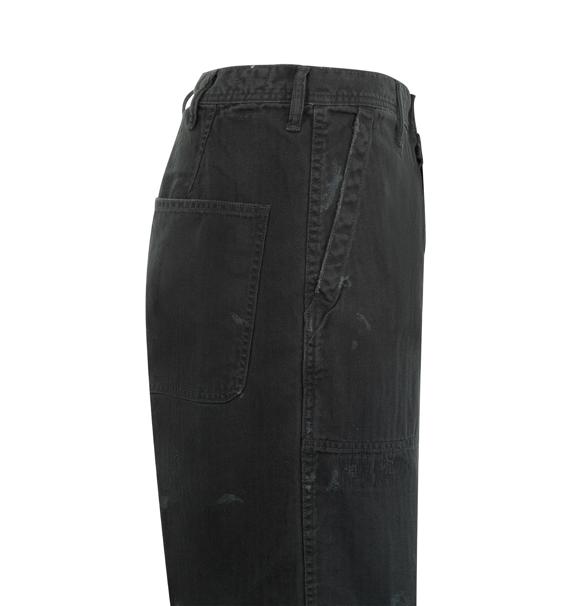 Image 3 of 3 - BLACK - FULLCOUNT USN Herringbone Seamen's Trousers VE featuring ozone fading and painted stains, belt loops at waist, 4 pocket style and relaxed fit. 100% cotton. Made in Japan.