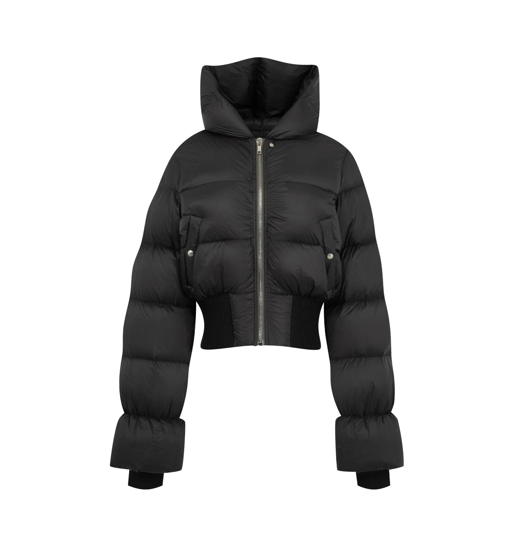 Image 1 of 3 - BLACK - Rick Owens Women's Cinched Hooded Jacket is crafted from lightweight matte nylon and features a waist-length silhouette with a hood and wide ribbed waistband and cuffs. Designed with a center-front zip closure with top snap, snap-closure side pockets, and a signature cotton webbing strap with rivet detailing across the back yoke. Main Material: 100% Polyamide. Rib Knit Trim: 93% Virgin Wool, 5% Nylon, 2% Elastane. Lining: 100% Cupro. Padding: 90% Goose Down, 10% Mallard Feathers.