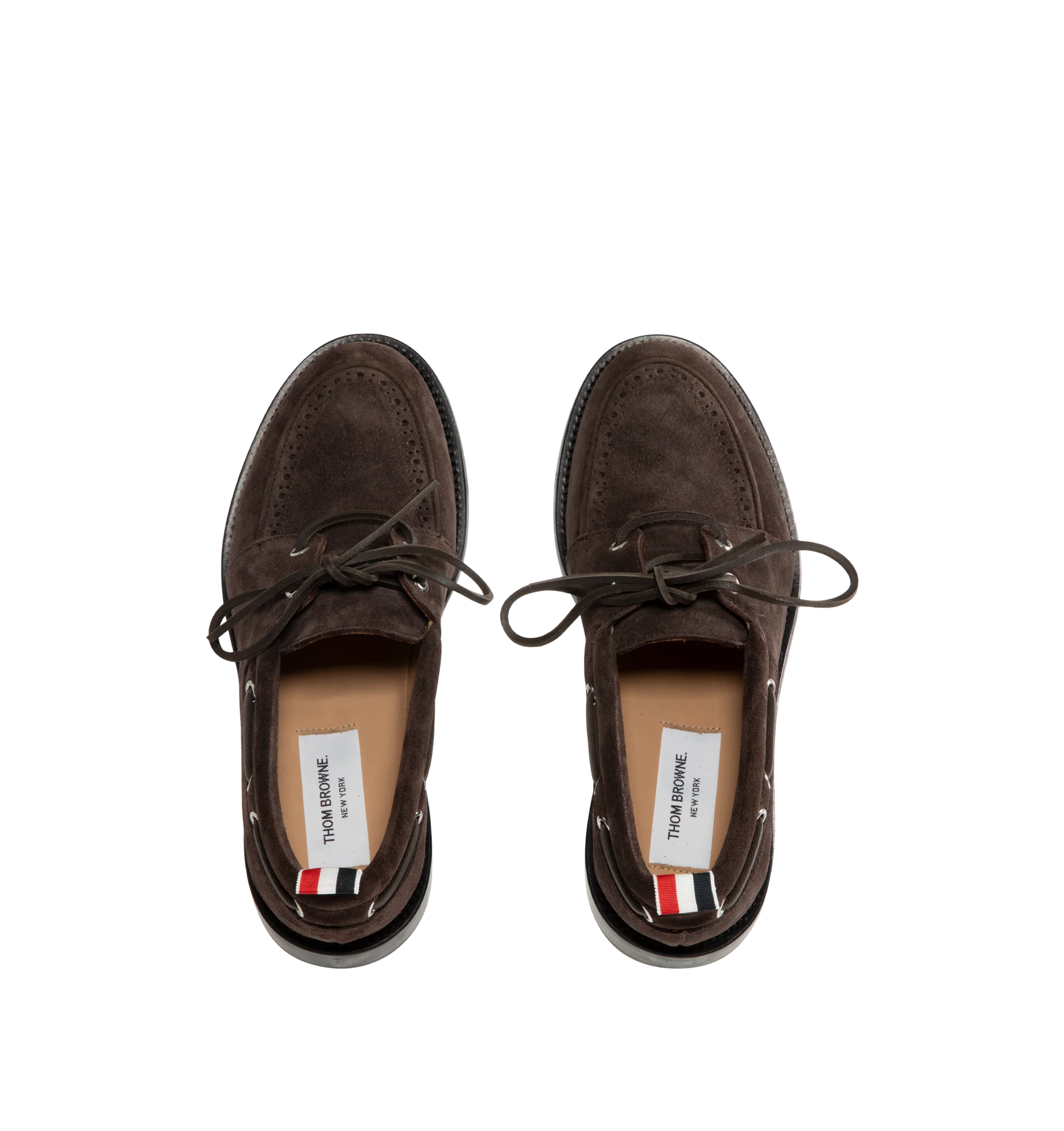 Image 4 of 4 - BROWN - Thom Browne Mens Boat Shoes are crafted from supple calf suede. Feature a lace-up closure, classic boat shoe silhouette, brogue detailing, rubber sole, and signature striped grosgrain loop tab. Main Material: Upper: 100% Calf Suede Leather; Lining: 100% Calf Leather; Sole: 100% Rubber. Made in Italy.