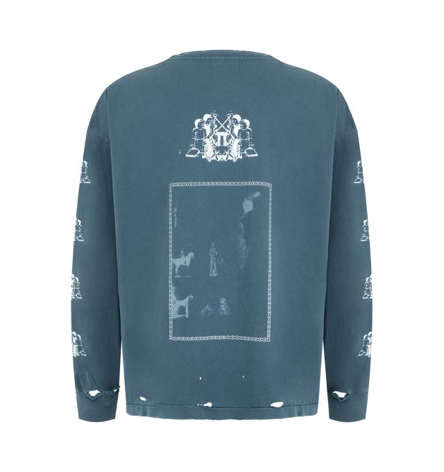 Image 2 of 3 - NAVY - ENFANTS RICHES DEPRIMES I Told You I Was Sick LS T-Shirt featuring long-sleeves, thrashed navy heavy weight cotton jersey, boxy, cropped fit, rib knit neckline and cuffs, single stitch hem at waist, printed artwork at front, back, and sleeves, signature vintage wash process and distressing throughout. 100% cotton. Made in the USA.