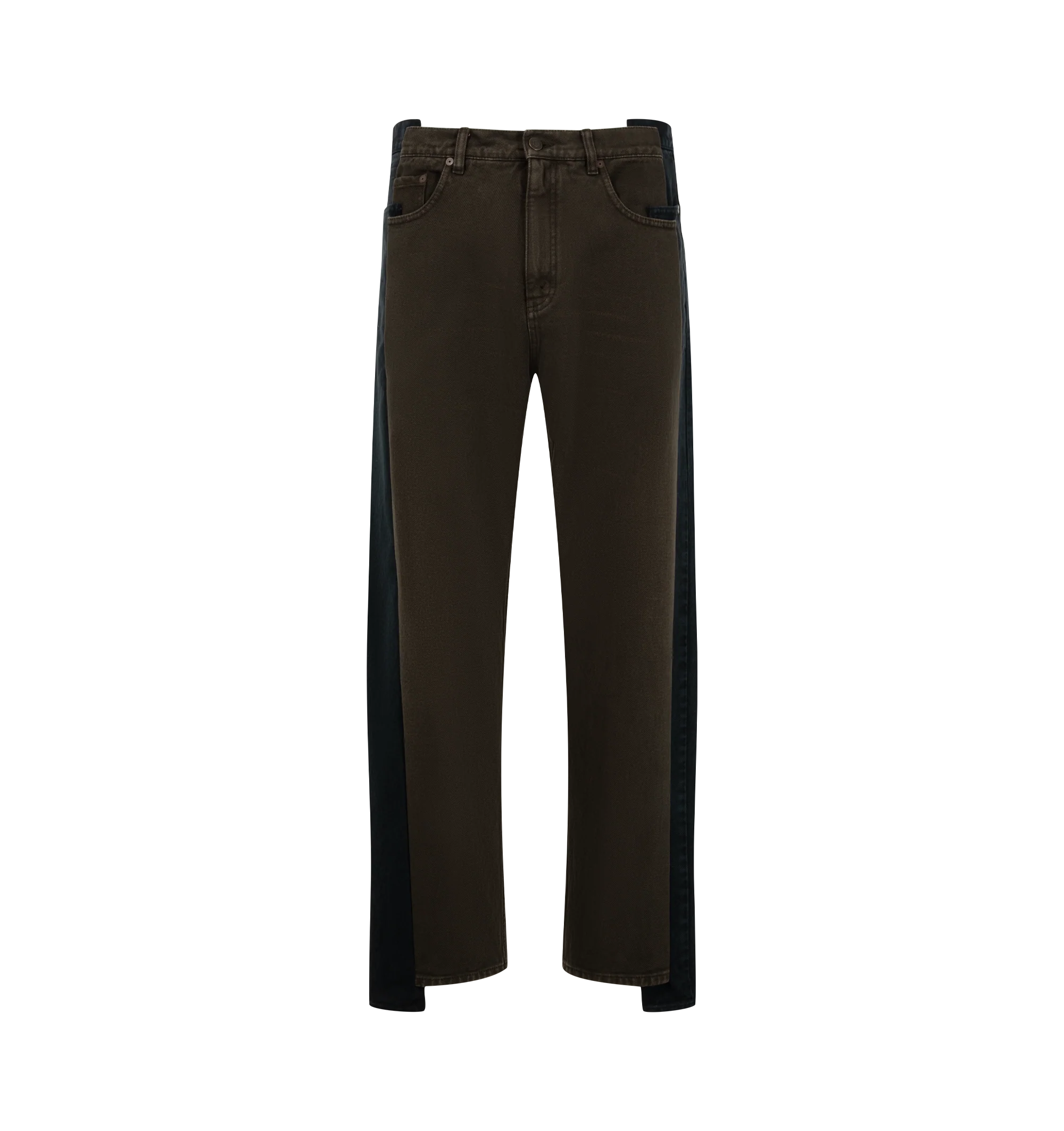 Image 1 of 3 - MULTI - Maison Margiela Men's Straight-Leg Spliced Denim Jeans are crafted from cotton denim using the brand's Assemblage technique and feature a full-length straight-leg silhouette, contrasting blue-black side panels, five-pocket construction, a zip and button closure, and the signature four white stitches at the back. This designer denim combines innovative layered construction with timeless styling for elevated everyday wear. Main Material: 100% Cotton. Made in Italy.