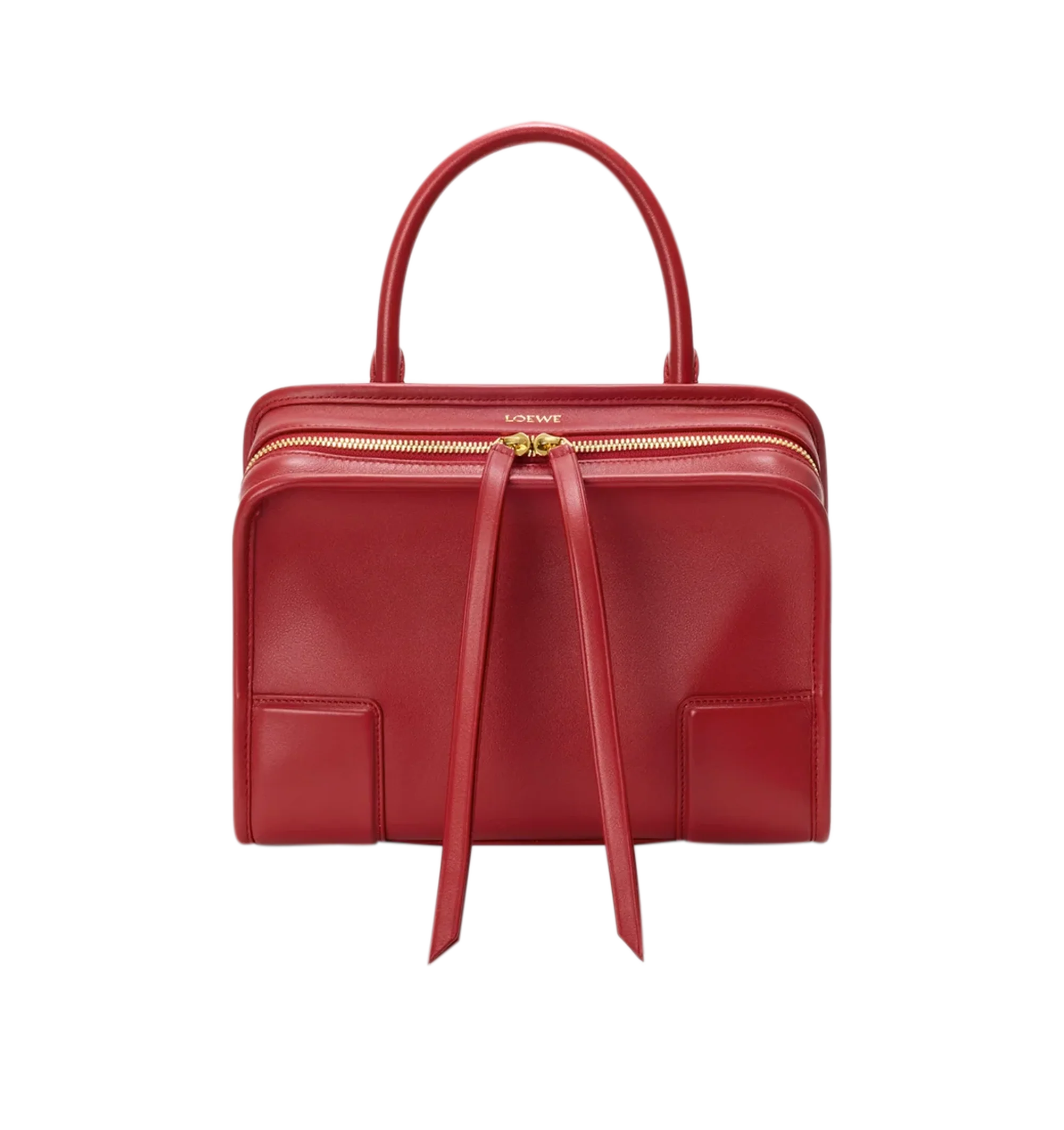 Image 5 of 18 - RED - Loewe Small Amazona 180 Bag in leather features a relaxed silhouette anchored by a single toron top handle, designed to be carried open, while a concealed closure secures the main compartment, three carry options: short handle, removable shoulder strap and crossbody, zip closure with two leather zip pullers, two compartments, main compartment closed with magnetic closure, internal flat pocket, left side d-ring for customization, nappa lambskin lining, and embossed double L branding. Le