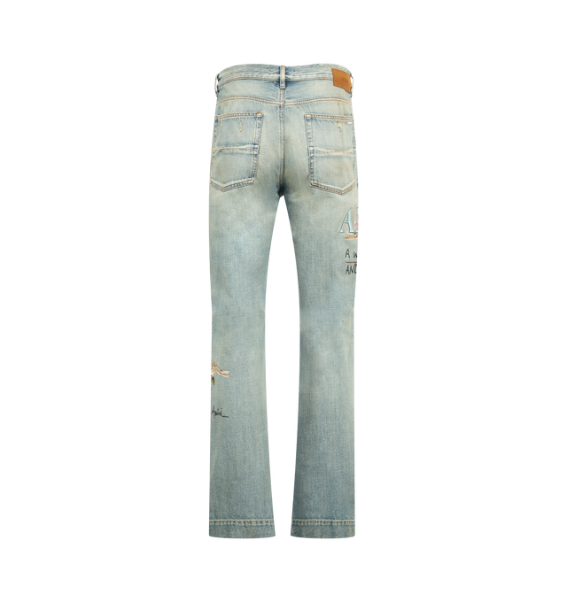 Image 2 of 4 - BLUE - AMIRI Chateau MX1 Straight Flare Jean featuring a straight flare fit, distressed detailing, 5 pocket style and embroidered logo. Cotton.