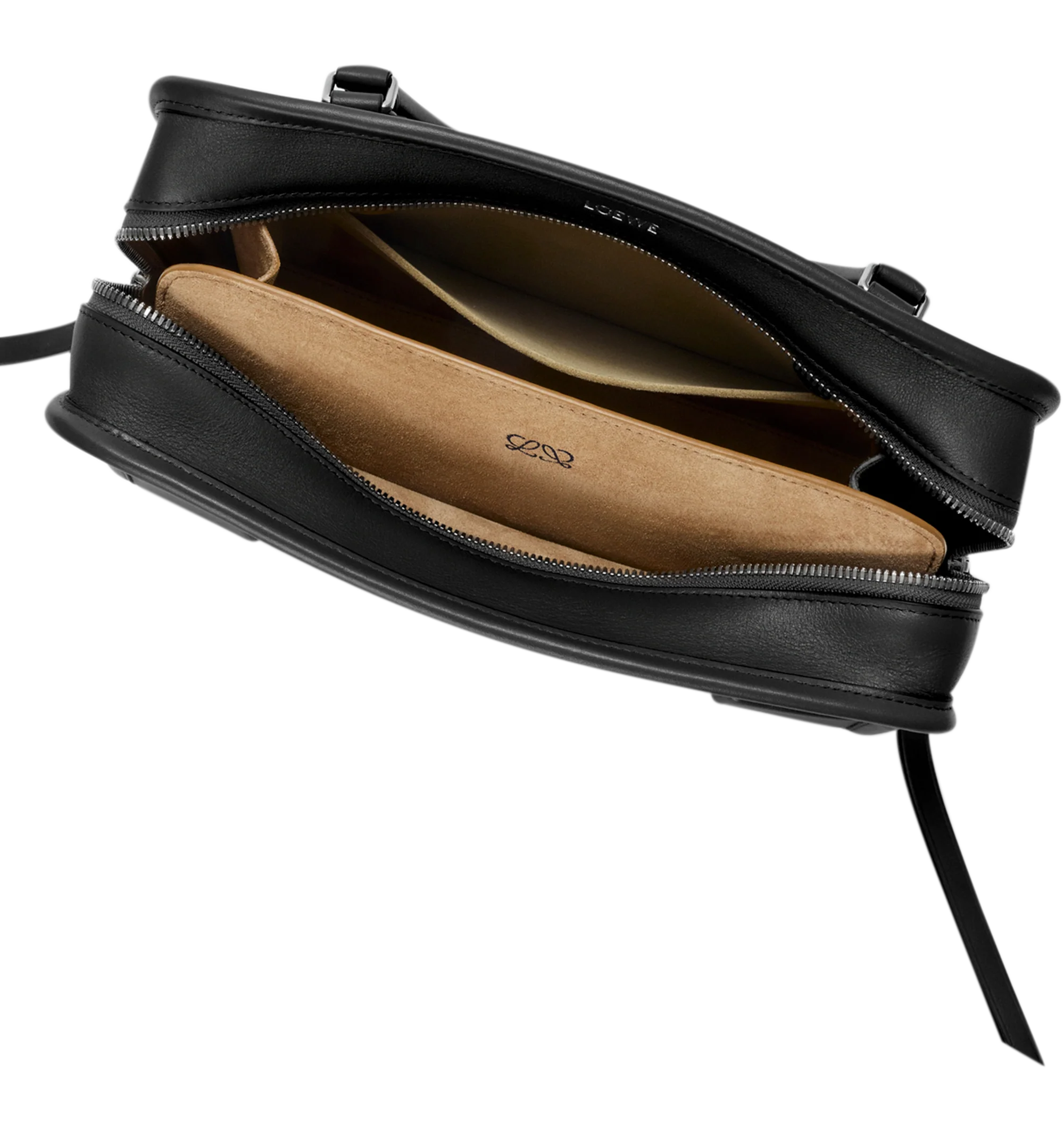 Image 13 of 17 - BLACK - Loewe Amazona Medium 180 Bag in soft calfskin leather featuring a relaxed silhouette with a single toron top handle, designed to be carried open, while a concealed closure secures the main compartment, removable shoulder and crossbody straps, zip closure with two leather zip pullers, two compartments, main compartment closed with magnetic closure, internal flat pocket, suede lining and embossed logo. Soft calfskin. Strap length 108 cm; Strap Drop 50 cm; Handle drop 11 - 28 cm; Heigh 
