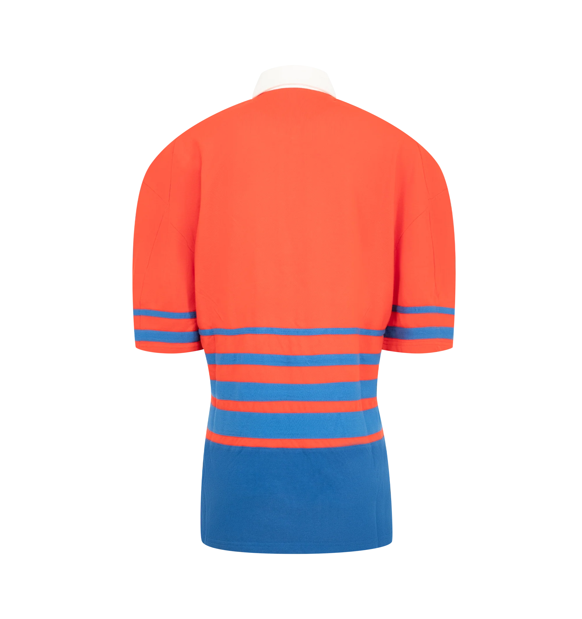 Image 2 of 2 - MULTI - JW Anderson Women's Short-Sleeved Striped Rugby Polo in red blue cotton. In a relaxed fit, features an appliqu herringbone graduated stripe, a woven cotton twill collar and placket, and contrast wide hem panel. Finished with tonal embroidery anchor logo on the chest. Material: 100% Cotton. Made in Portugal.