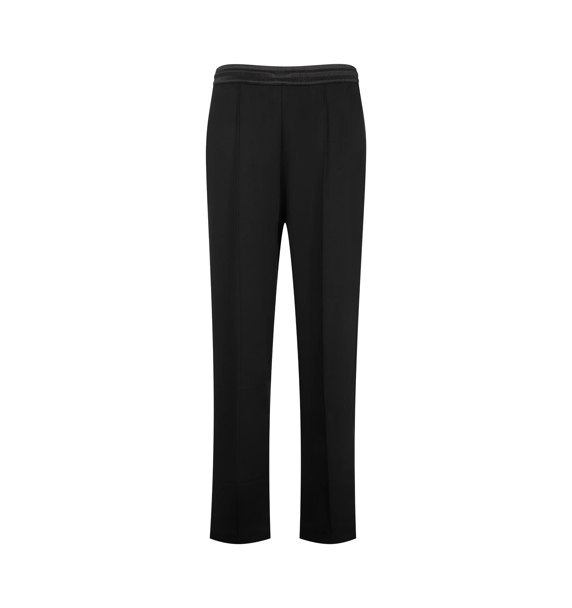 Image 1 of 3 - BLACK - Wales Bonner Men's Form Track Pant is crafted from a stretch cotton-blend piqu fabric and features a straight-leg silhouette with side stripe detailing and piped trim. Designed with an elasticized waistband and concealed drawstring, these track pants are finished with pinched seams at the legs, zip vents at the cuffs, two side welt pockets, and a rear welt pocket with logo embroidery. Main Material: 56% Polyester, 39% Cotton, 5% Elastane. Lining: 100% Organic Cotton. Trim: 100% Viscos