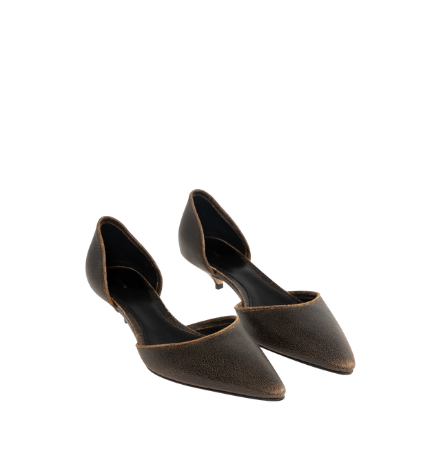 Image 2 of 4 - BROWN - THE ROW Liisa Kitten D'Orsay Heel in waxed calfskin suede with pointed toe and leather sole. 1.5 in. heel. 100% calfskin suede. Lined in 100% lambskin leather. Made in Italy.