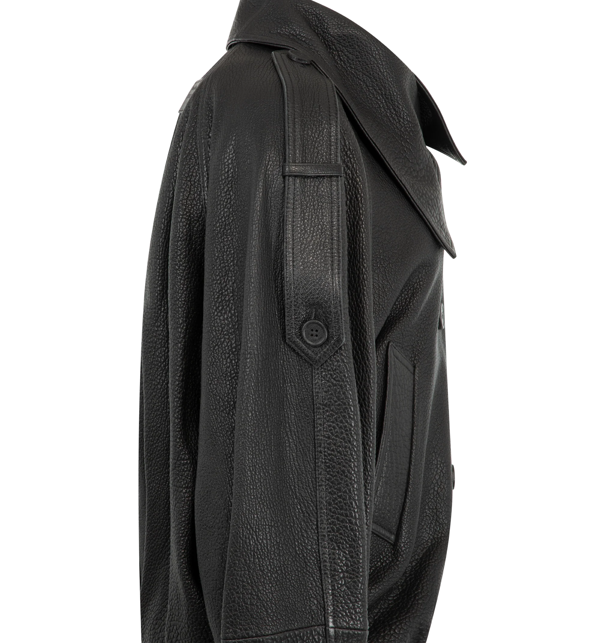 Image 3 of 3 - BLACK - Acne Studios Women's Cropped Leather Trench Coat is crafted from full-grain lamb leather and features a double-breasted silhouette with an elongated neckline, elasticated balloon hem, epaulettes, sleeve tabs with buckle detailing, and side pockets. This designer leather trench coat combines contemporary tailoring with premium craftsmanship, finished with a signature leather logo label at the back neckline and a relaxed, below-the-waist fit. Main Material: 100% Lamb Leather. Lining: 10 