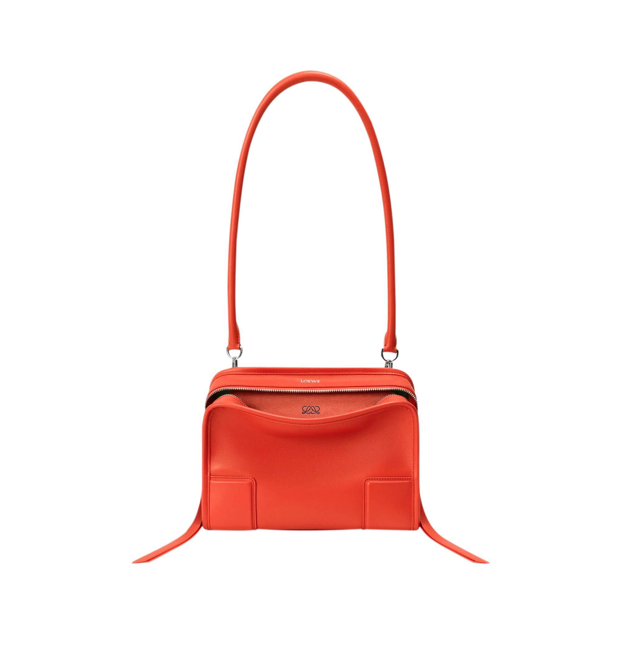 Image 10 of 17 - ORANGE - Loewe Small Amazona 180 Bag in leather features a relaxed silhouette anchored by a single toron top handle, designed to be carried open, while a concealed closure secures the main compartment, three carry options: short handle, removable shoulder strap and crossbody, zip closure with two leather zip pullers, two compartments, main compartment closed with magnetic closure, internal flat pocket, left side d-ring for customization, nappa lambskin lining, and embossed double L branding