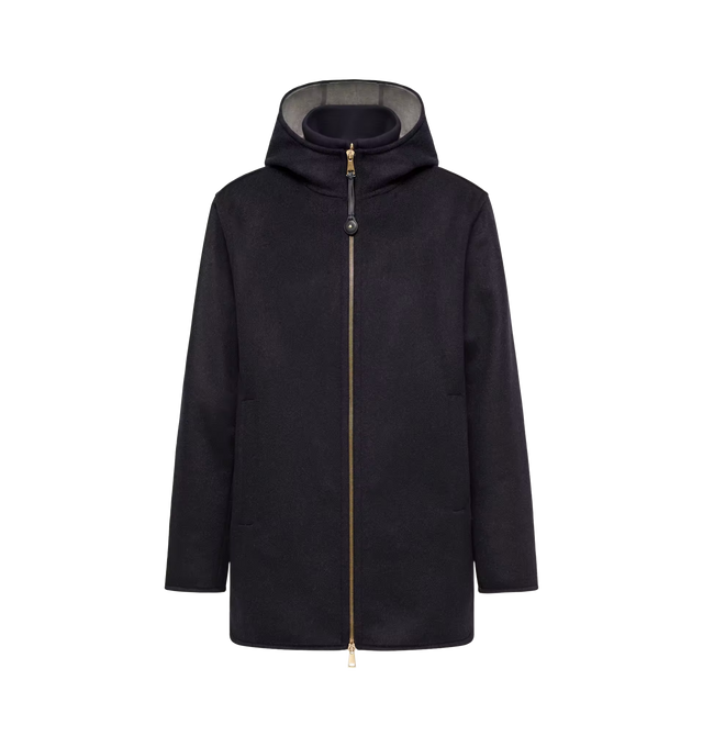 Image 1 of 1 - BLUE - Moncler Womens 3-In-1 Hooded Wool Cashmere Jacket is a versatile design offering adaptable wear for changing conditions. Crafted from a wool and cashmere blend with longue saison lining, this style can be worn three ways: as a standalone coat, a lightweight down vest, or layered together as a mid-length down jacket. Features detachable hood, removable down-filled vest in longue saison, zipper closure, side pockets with snap button closure, and leather logo patch. Exterior: 90% Virgin