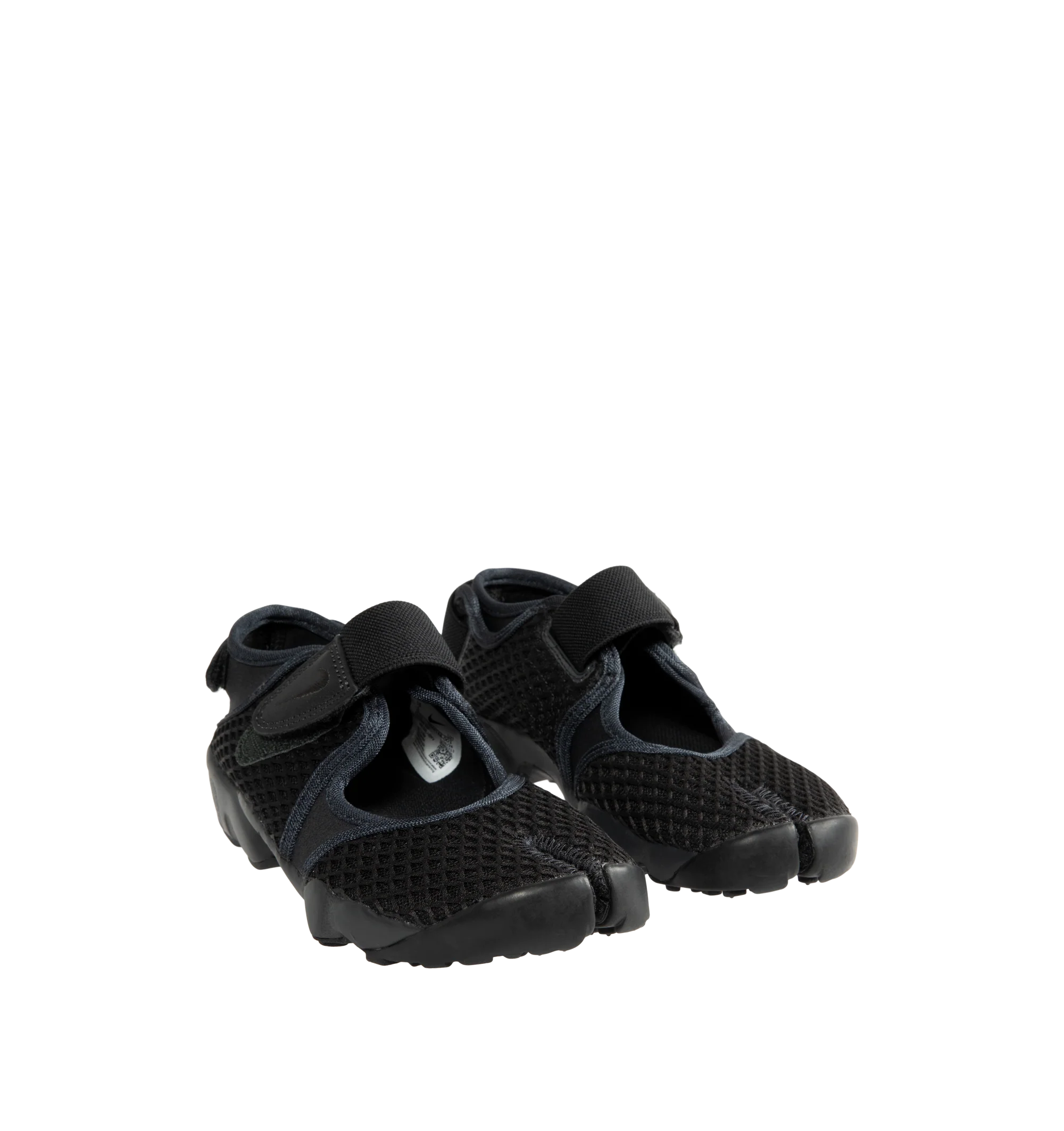 Image 2 of 5 - BLACK - Nike Women's Air Rift Sneaker featuring hook-and-loop straps on the midfoot and heel, Nike Air unit in the heel combined with plush foam, rubber detailing on the outsole, upper features a blend of elastane, polyester and nylon materials for a flexible fit and split toe design.