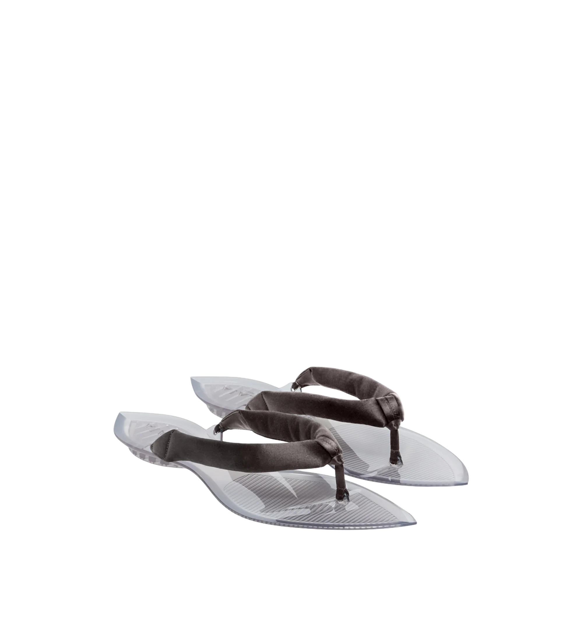 Image 1 of 2 - GREY - Azzedine Alaia Invisible Padded Thong Sandals are crafted with smooth satin uppers, pointed open toe silhouettes, and sculptural transparent soles.Upper: Satin textile; Lining: Rubber; Sole: Rubber insole and sole. Includes: dust bag, shoe box. Fit: True to size; european sizes. Made in Italy
