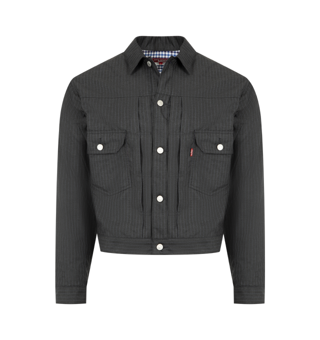 Image 1 of 3 - BLACK - JUNYA WATANABE Levi's Type 2 Jacket featuring classic collar, front metal button closure, pin stripe fabric, full internal lining, two chest pockets, Levi's tab logo at front pocket, adjustable button tabs at waist and button close cuffs. 50% viscose, 50% polyester. Made In Japan.
