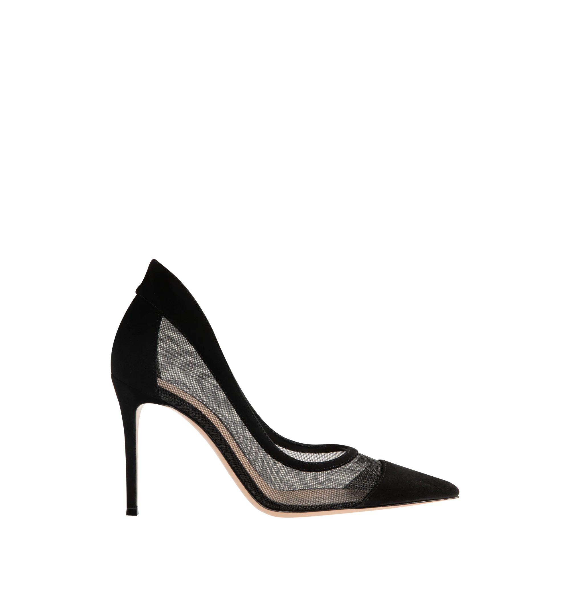 Image 1 of 4 - BLACK - Gianvito Rossi Womens Pumps are crafted from suede and mesh. Feature a pointed toe, stiletto heel, leather and fabric lining, and leather sole. Main Material: Suede, Mesh; Lining: Leather, Fabric; Sole: Leather. Made in Italy.