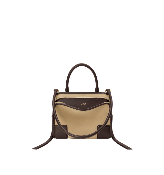 Image 5 of 17 - BROWN - LOEWE Small Amazona 180 Bag in suede featuring a relaxed silhouette anchored by a single toron top handle, designed to be carried open, while a concealed closure secures the main compartment, three carry options: short handle, removable shoulder strap and crossbody, zip closure with two leather zip pullers, two compartments, main compartment closed with magnetic closure, internal flat pocket, left side d-ring for customization, suede and nappa lambskin lining, embossed LOEWE and embo