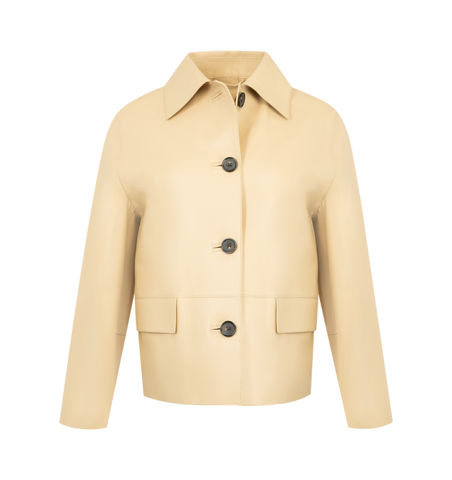 Image 1 of 2 - BROWN - TOTEME Collared Drawstring Jacket featuring boxy oversized fit, dropped shoulders, front flap pockets and front button closure.