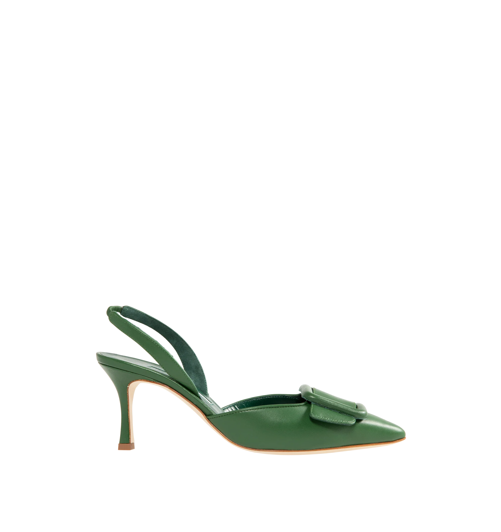 Image 1 of 4 - GREEN - Manolo Blahnik Women's Maysli slingback pumps featuring pointed toe, decorative buckle detail, elasticated slingback strap and stiletto mid 70mm heel. Upper: 100% leather. Sole: 100% leather. Lining: 100% goat skin. Made in Italy.