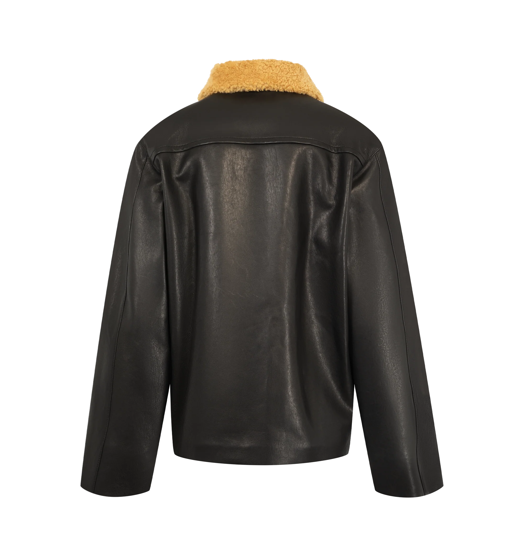 Image 2 of 3 - BLACK - Khaite Women's Wilson Caban Jacket is crafted from robust grained nappa lambskin and features a relaxed caban silhouette inspired by classic workwear. Designed with a curly lambskin shearling collar, button-front closure, graphic stitching, back yoke, quilted lining, duck down insulation, and oversized patch pockets for added functionality. Main Material: 100% Lambskin. Made in Italy.