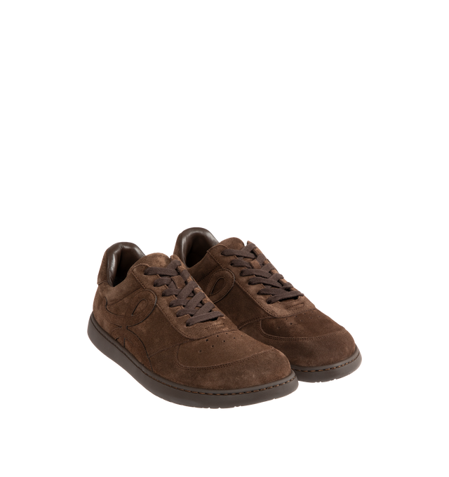Image 2 of 5 - BROWN - LOEWE Jambo Sneaker in calfskin suede featuring a full monochrome look with an asymmetric toe shape, nappa fussbett, 25mm heel, lace closure, L monogram at the side, embossed LOEWE on the heeltab and anagram-embossed rubber cupsole. Calf suede. Made in Italy.