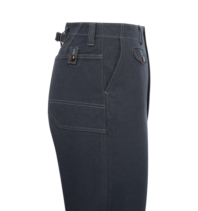 Image 3 of 3 - BLUE - JUNYA WATANABE Flared Jeans featuring button waist, zip fly, high rise, adjustable tab at back, belt loops at waist and flare hem. 100% cotton. Made in Japan.
