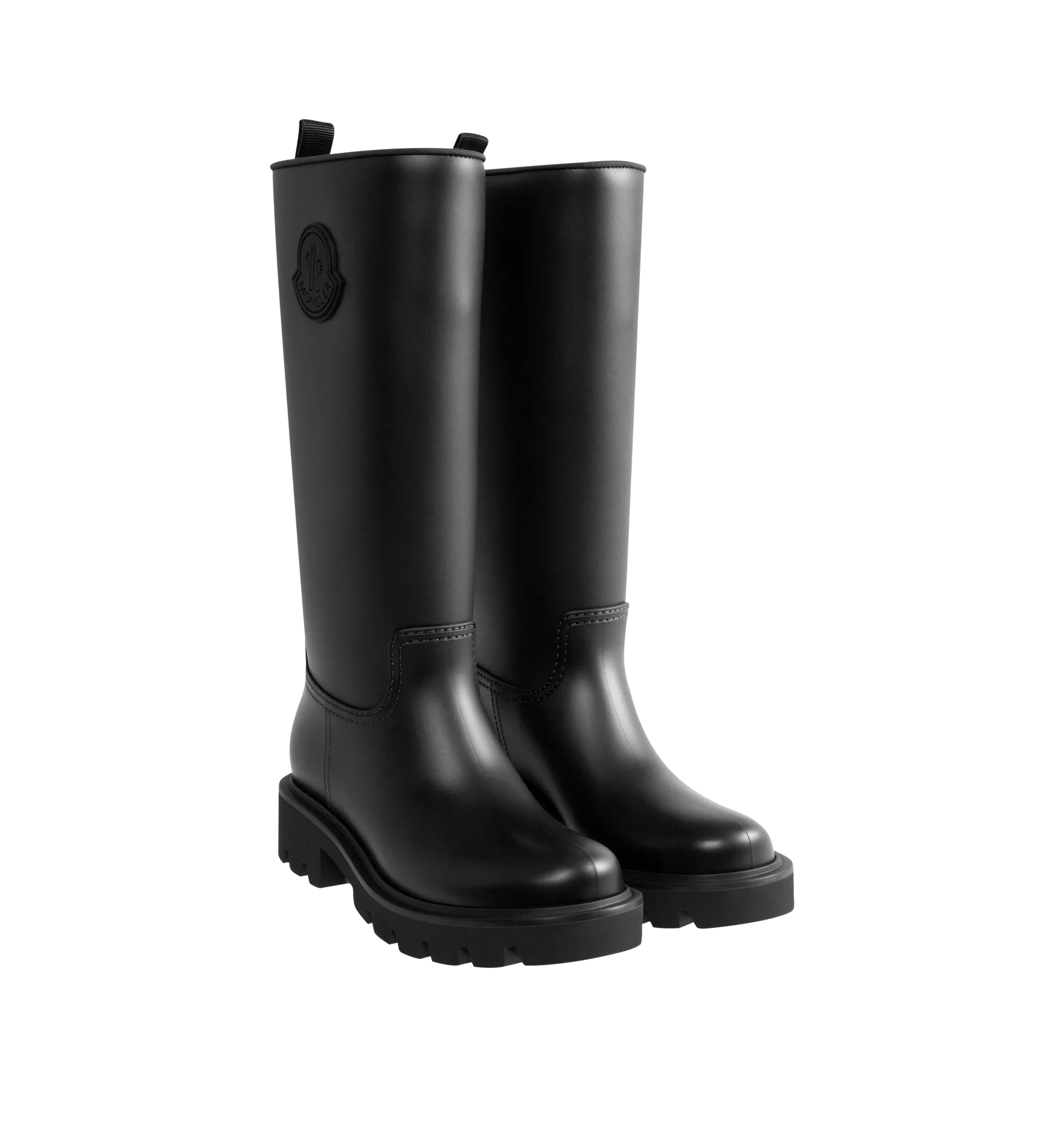 Image 2 of 4 - BLACK - Moncler Women's Kickstream High Rain Boots are crafted from waterproof PVC and nylon and feature a minimalist knee-high silhouette designed to protect against wet weather. Finished with a drawstring fastening, fabric insole, TPU welt, and lightweight EVA tread, these designer rain boots combine practical weather protection with Moncler's refined sporty aesthetic. Upper: 100% Polyvinyl Chloride. Lining: 80% Polyamide/Nylon, 20% Elastane/Spandex. Sole: 100% Polyvinyl Chloride. Calf Heig