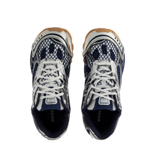 Image 5 of 5 - SILVER - BOTTEGA VENETA Sneakers featuring mechanical textile upper, rubber sole, lace-up front, padded collar and tongue with Bottega Venneta logo detail at tongue. Made in Italy.