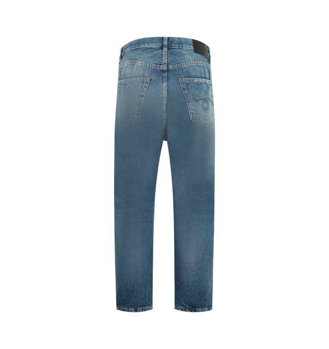 Image 2 of 3 - BLUE - R13 Tailored Drop Jeans featuring mid-weight, non-stretch denim, dropped inseam, leather logo patch at back waistband, cropped fit, fading and whiskering, button closure and zip fly and 5-pocket styling. 100% cotton. Made in Italy. 