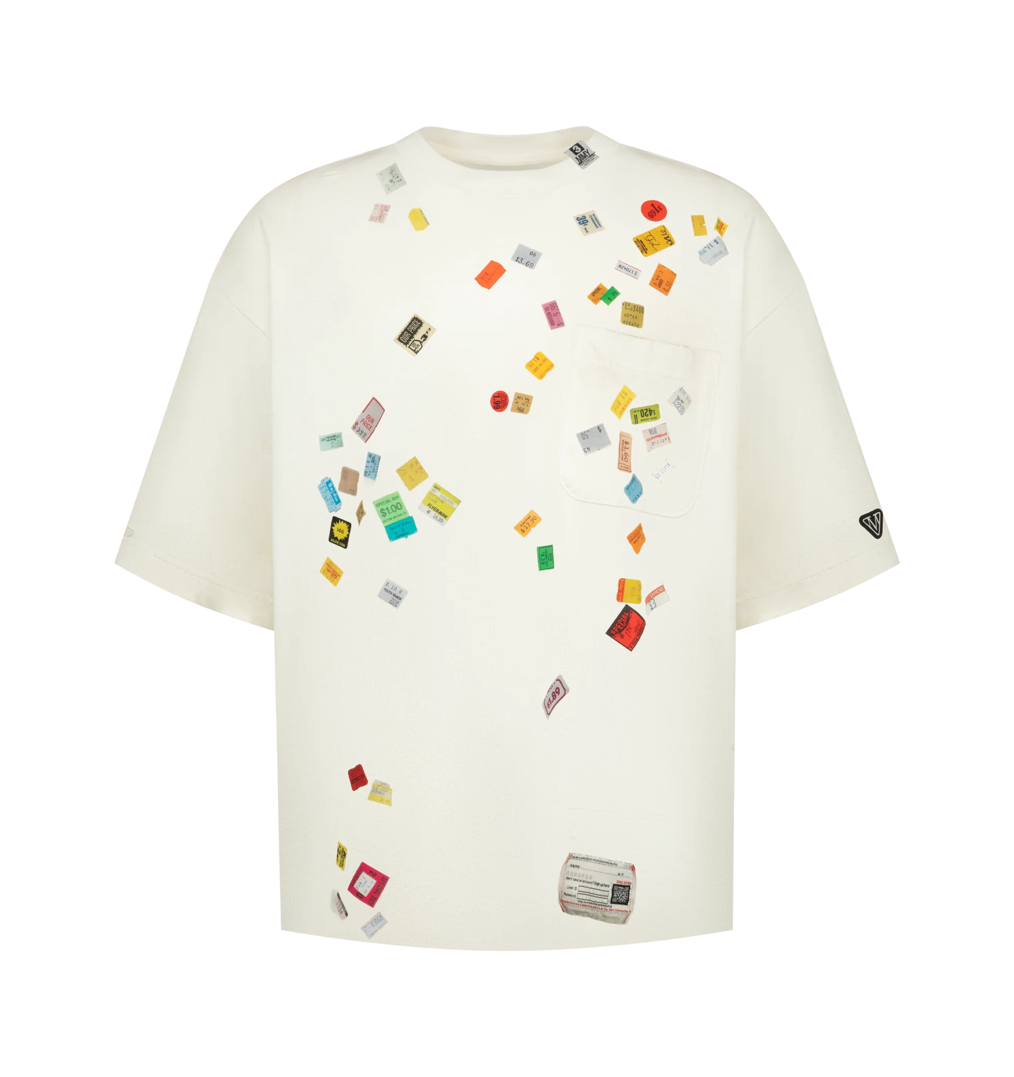 Image 1 of 2 - WHITE - Maison Mihara Yasuhiro Men's Price Sticker T-Shirt is crafted from cotton and features a classic crew neckline, short sleeves, and signature Price Sticker graphic artwork for a bold contemporary look. This designer graphic T-shirt combines premium everyday comfort with Maison Mihara Yasuhiro's distinctive streetwear aesthetic, making it an effortless wardrobe staple. Main Material: 100% Cotton. Made in Japan.