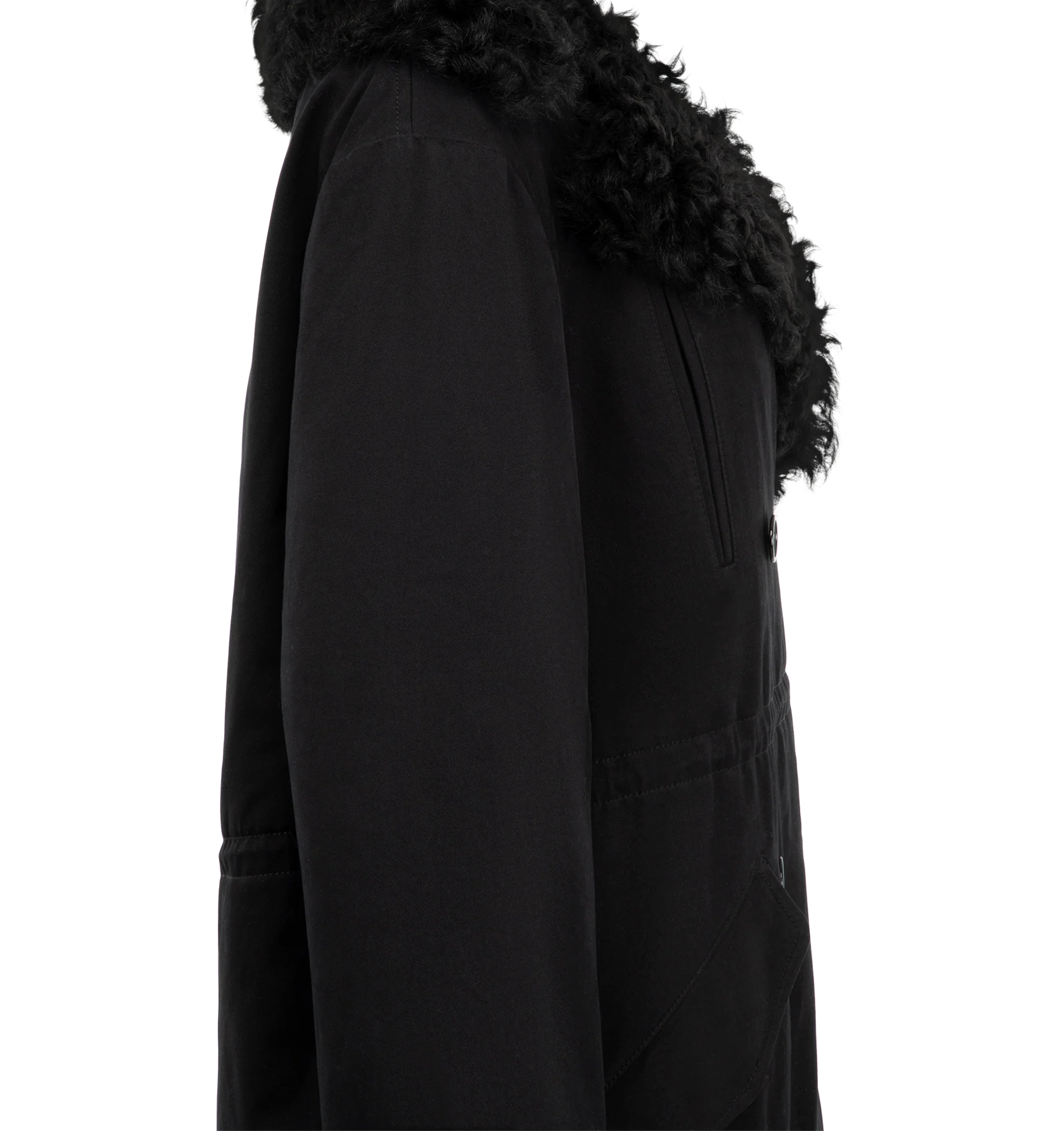 Image 3 of 3 - BLACK - Toteme Women's Shearling Cotton Parka that reimagines a heritage winter silhouette with a curly black shearling lining for exceptional warmth. Crafted from cotton with quilted sleeves, it features adjustable drawstrings at the waist and hem for a customizable fit, plus four pockets for practicality. Materials: 100% organic cotton; lining: 100% lamb leather; sleeve lining: 100% viscose.
