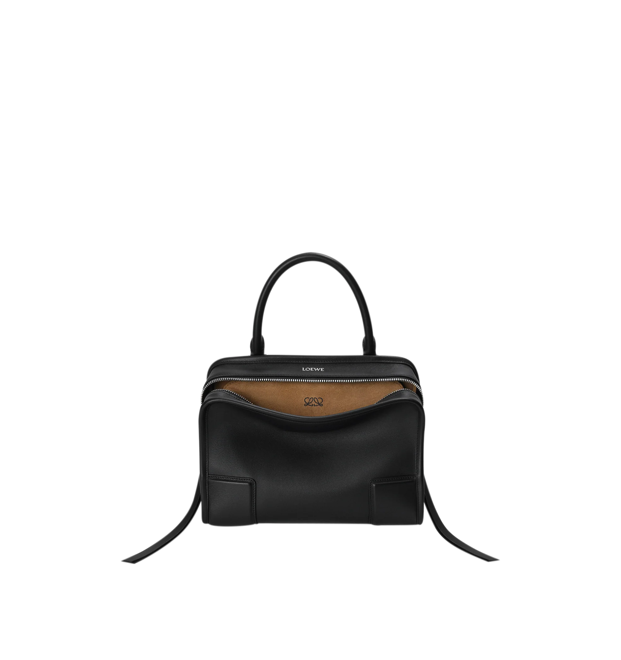 Image 1 of 16 - BLACK - Loewe Small Amazona 180 Bag in leather features a relaxed silhouette anchored by a single toron top handle, designed to be carried open, while a concealed closure secures the main compartment, three carry options: short handle, removable shoulder strap and crossbody, zip closure with two leather zip pullers, two compartments, main compartment closed with magnetic closure, internal flat pocket, left side d-ring for customization, nappa lambskin lining, and embossed double L branding.
