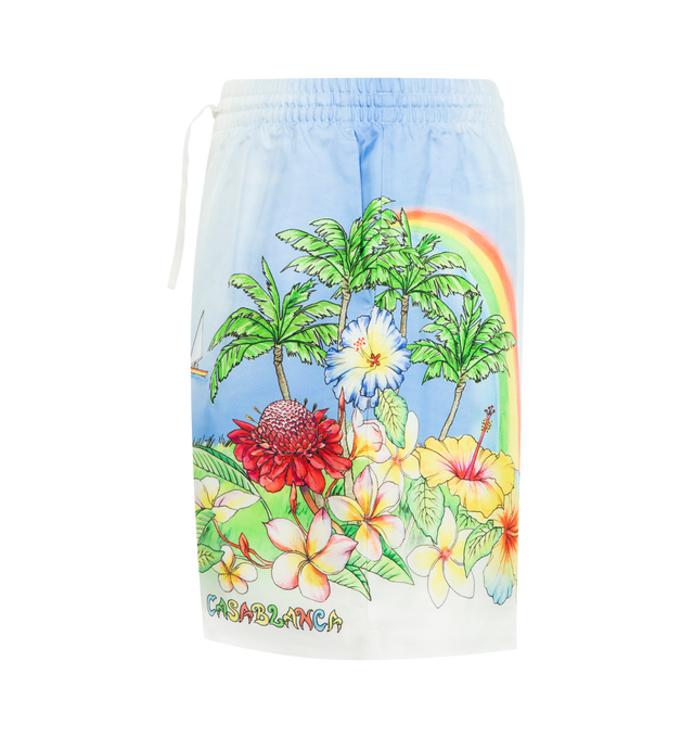 Image 3 of 3 - MULTI - CASABLANCA Aloha Printed Swim Shorts featuring a vibrant, painted depiction of Kauai, Hawaii, an elasticised waistband, side pockets and technical swim fabric construction. 100% polyester. Lining: 80% polyester 20% elastane. Made in Portugal. 