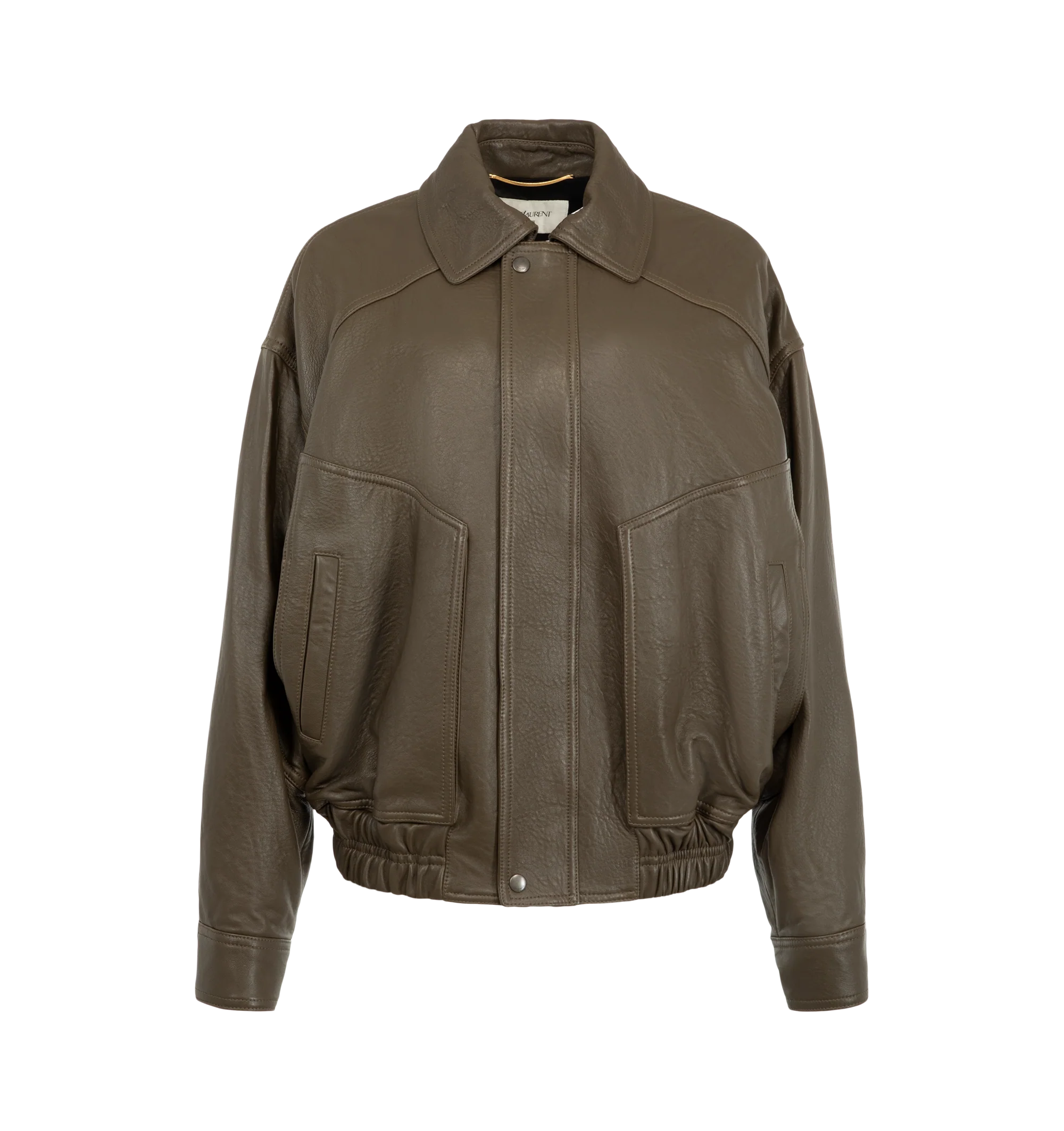 Image 1 of 4 - BROWN - Saint Laurent Women's Ranch Lambskin Bomber Jacket is crafted from supple lambskin leather and features a pointed collar, dropped shoulders, and an elasticized waist. A front zip closure with a snap-button storm flap, two front patch pockets, an interior welt pocket, and snap-button cuffs complete the design. Main Material: 100% Lambskin Leather. Lining: Cotton. Made in Italy. This item may be restricted for online purchase to international clients. For assistance purchasing this item