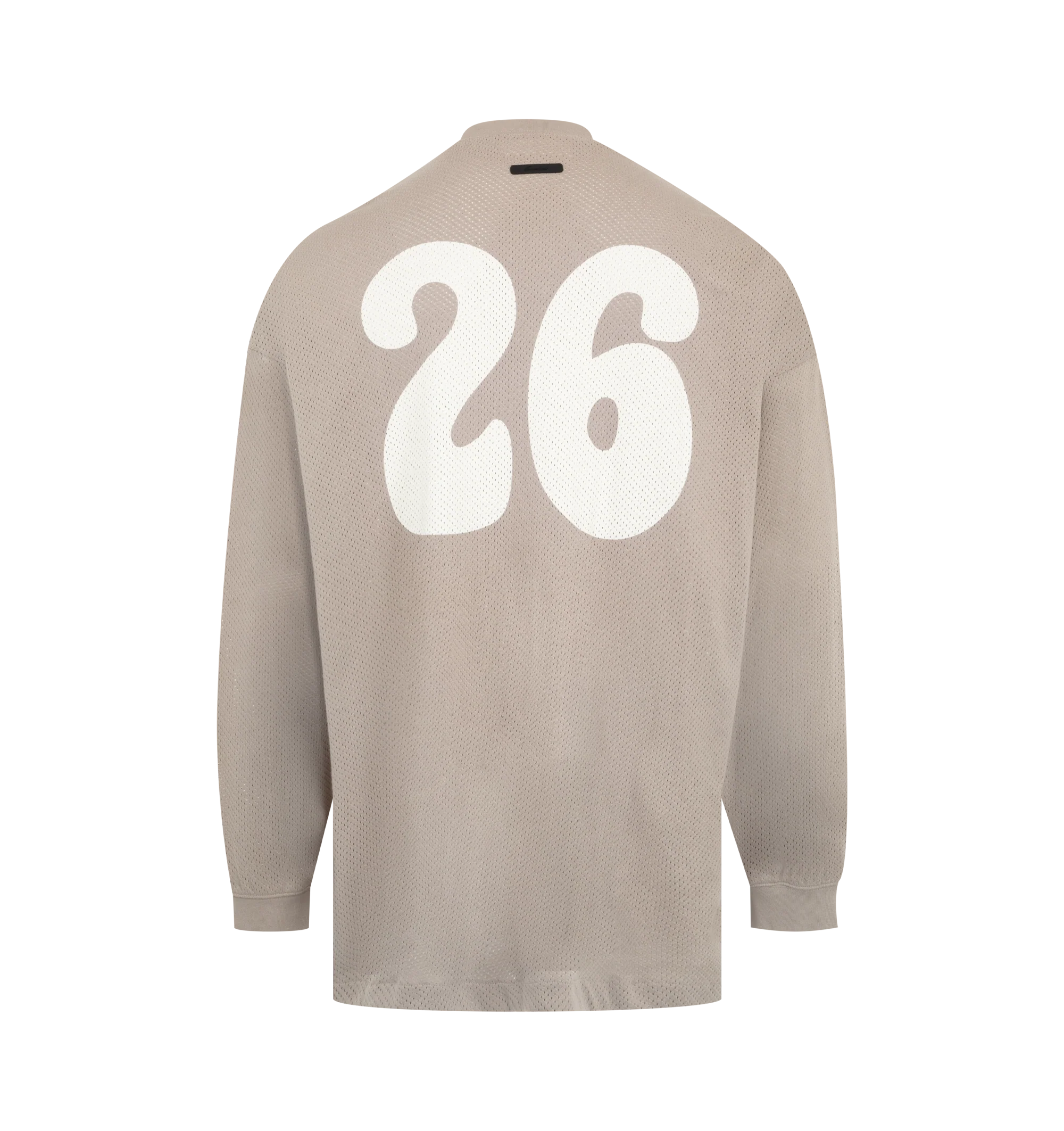 Image 2 of 2 - NEUTRAL - Fear of God Essentials Mens Sport Mesh Merch Long Sleeve Tee is crafted from cotton sport mesh. Features a boxy relaxed fit, ribbed crew neckline, dropped shoulders, ribbed cuffs, enzyme-washed finish, crackle-printed All Valley Essentials graphic at the front, crackle-printed "26" graphic at the back, and an Essentials signature label at the back collar. Main Material: 100% Cotton Sport Mesh.