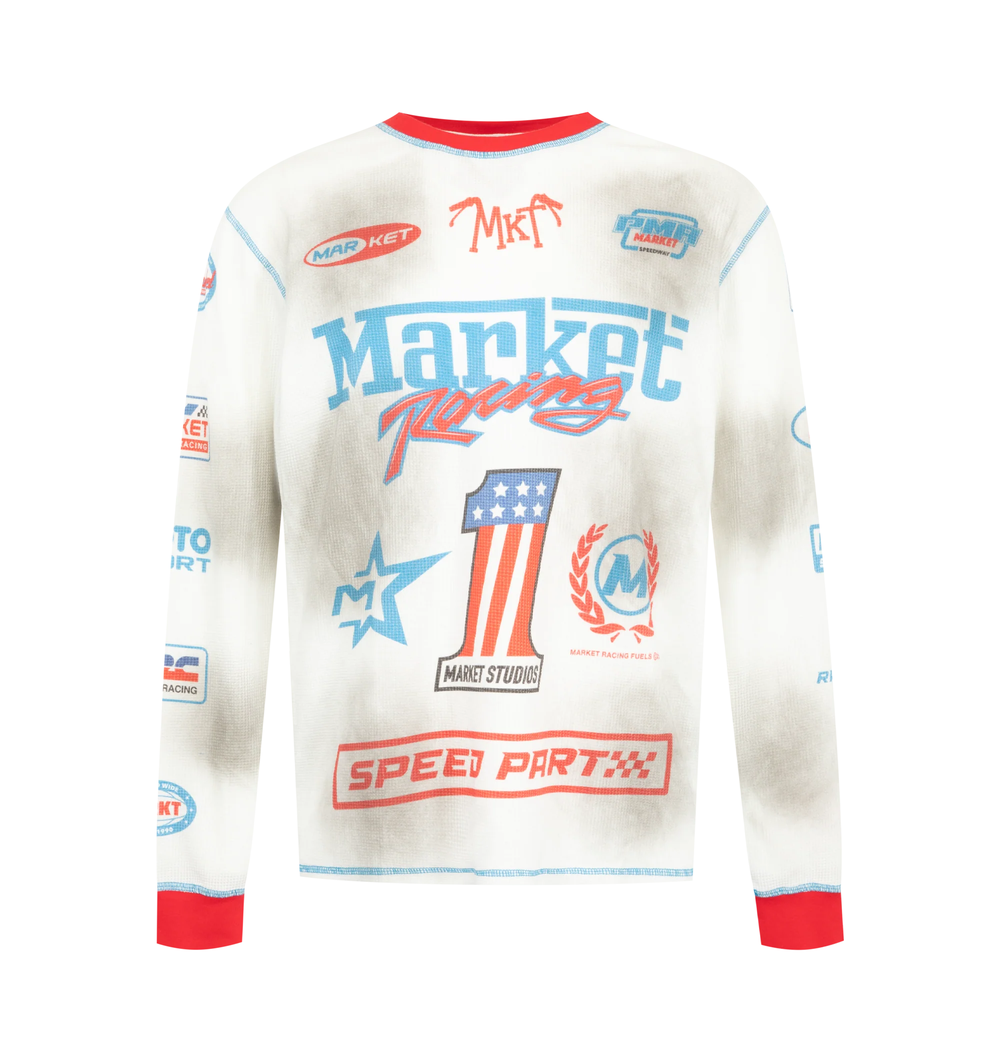 Image 1 of 3 - WHITE - Market Men's Speed Part Thermal Long Sleeve Shirt is crafted from a soft cotton-blend thermal knit and features a classic crew neckline, long sleeves, and seasonal Speed Part graphic artwork for a bold motorsport-inspired look. This designer thermal shirt combines textured everyday comfort with Market's signature contemporary streetwear aesthetic, making it an elevated layering essential for cooler weather. Main Material: 52% Cotton, 48% Polyester.