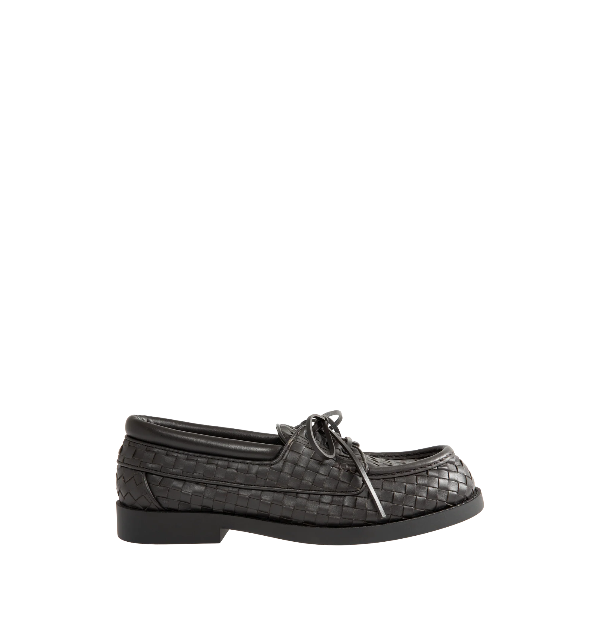 Image 1 of 4 - BROWN - Bottega Veneta Mens Intrecciato Boat Shoes are crafted from Intrecciato calfskin leather. Feature a lace-up boat shoe silhouette, calfskin lining, rubber outsole, and flat heel. Main Material: Calfskin Leather; Lining: Calfskin Leather; Sole: Rubber. Made in Italy.