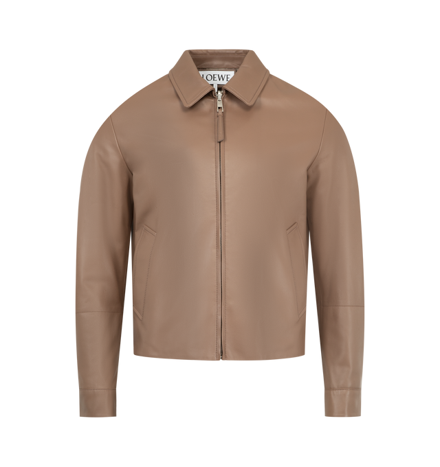 Image 1 of 3 - BROWN - LOEWE Zip-up jacket in lightweight nappa lambskin featuring a reversible design with a custom check pattern on one side, regular fit, regular length, classic collar, zip front fastening with Puzzle puller, buttoned cuffs, diagonal welt pockets on nappa side, leather chest patch pocket on check side, adjustable waist tabs, LOEWE Anagram embossed leather patch on both sides and Anagram embossed tab on the chest patch pocket. Nappa. Made in Spain.