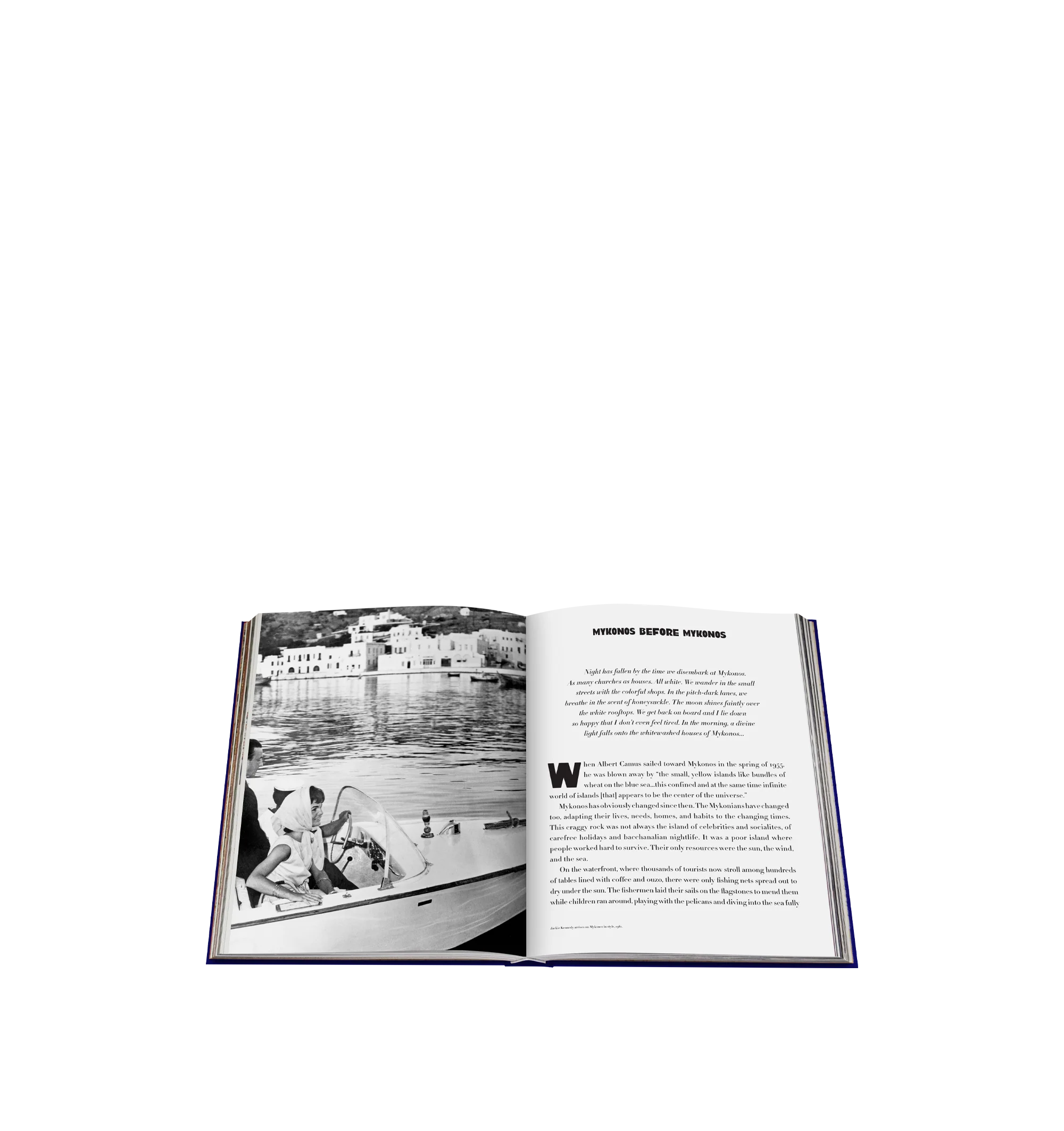 Image 4 of 5 - BLUE - Assouline Mykonos Muse is a luxury coffee table book that celebrates the rich history, vibrant culture, and legendary spirit of Greece's iconic island through captivating photography and engaging storytelling. Written by Lizy Manola with additional contributions by Rachel Howard and Michael Skafidas, this designer silk hardcover book explores Mykonos' evolution from an ancient sanctuary to one of the world's most celebrated travel destinations, highlighting its architecture, beaches, n