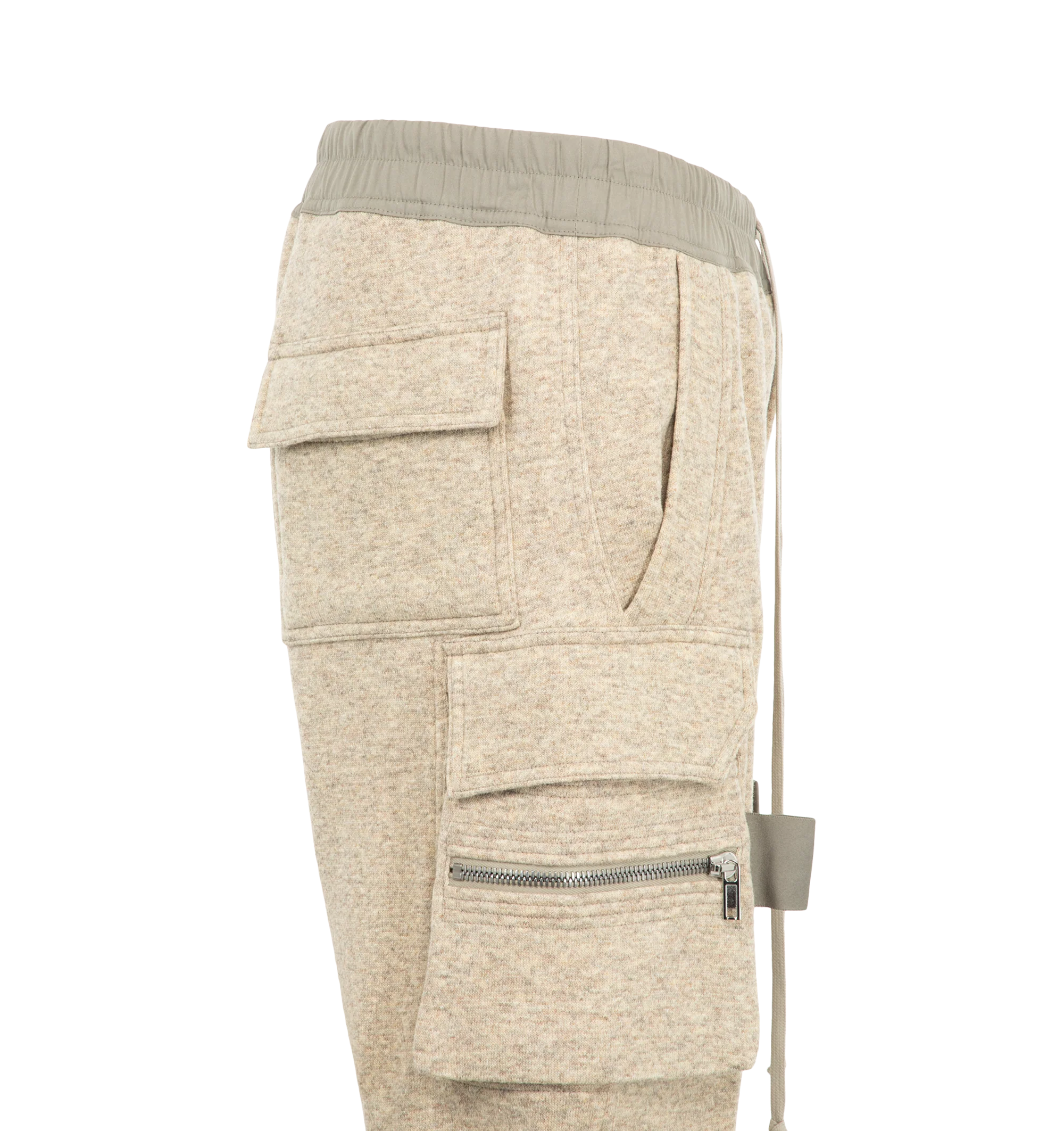 Image 3 of 3 - NEUTRAL - Rick Owens Men's Mastodon Cargo Pants are crafted from a wool and cotton blend and feature a slim cargo silhouette with an elasticized drawstring waistband. Designed with a concealed fly and button closure, the style is finished with cargo pockets on both sides for a utilitarian look. Main Material: 65% wool, 35% cotton. 